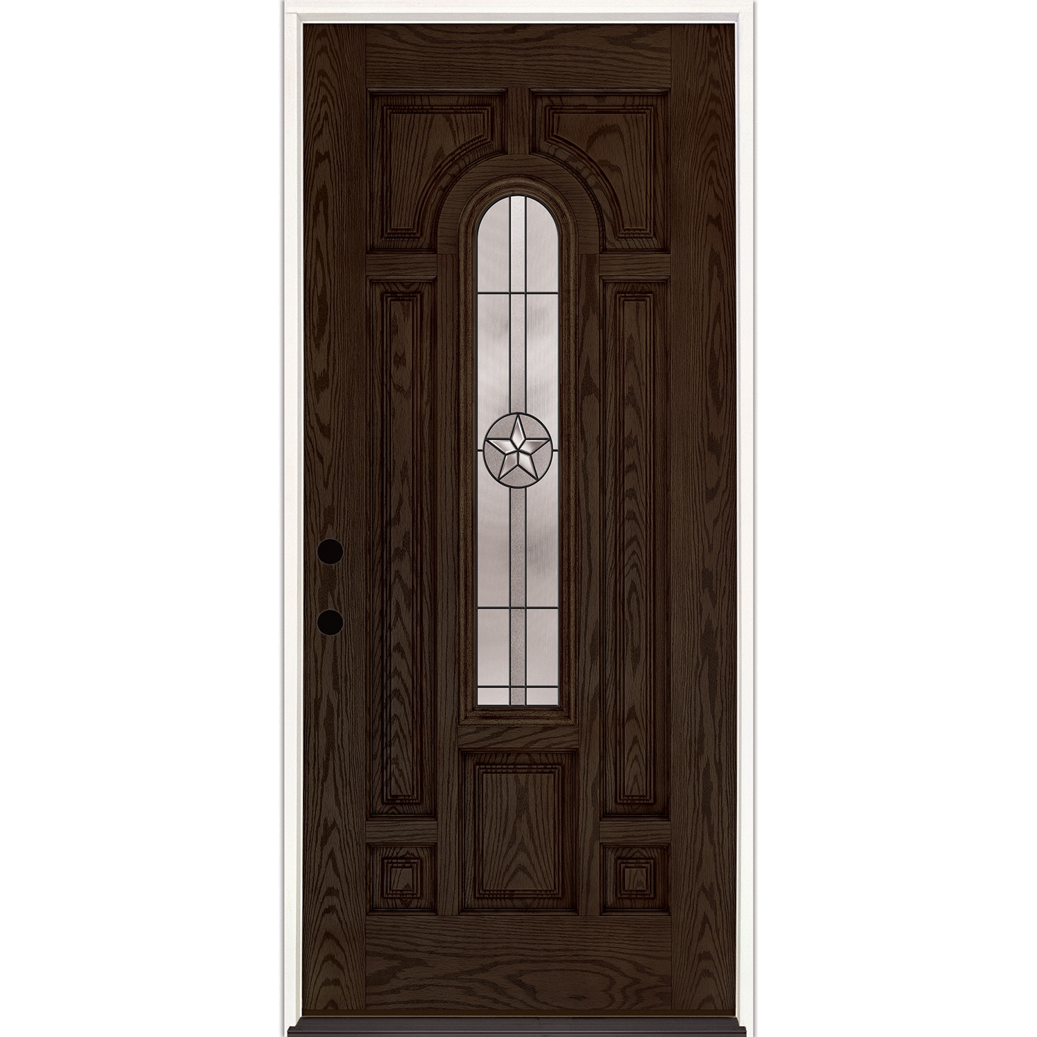 Feather River FL3T39T3 Star 36-in x 80-in x Fiberglass Center arch lite Right-hand inswing Hand stained walnut oak Stained Prehung Single door Front Door Insulating core Decorative glass