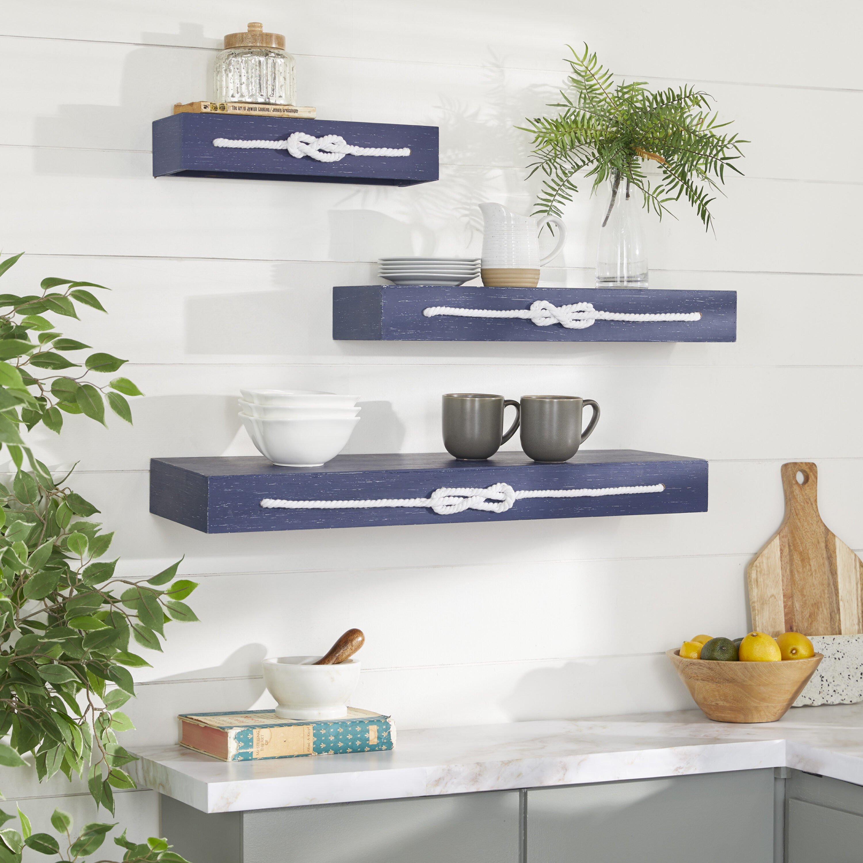 Grayson Lane 35887 9.75-Inches L x 9.75 D x 3.13 H Blue 3 Shelves with Knotted Rope Wood Rectangular Floating shelf 3 Decorative Shelves