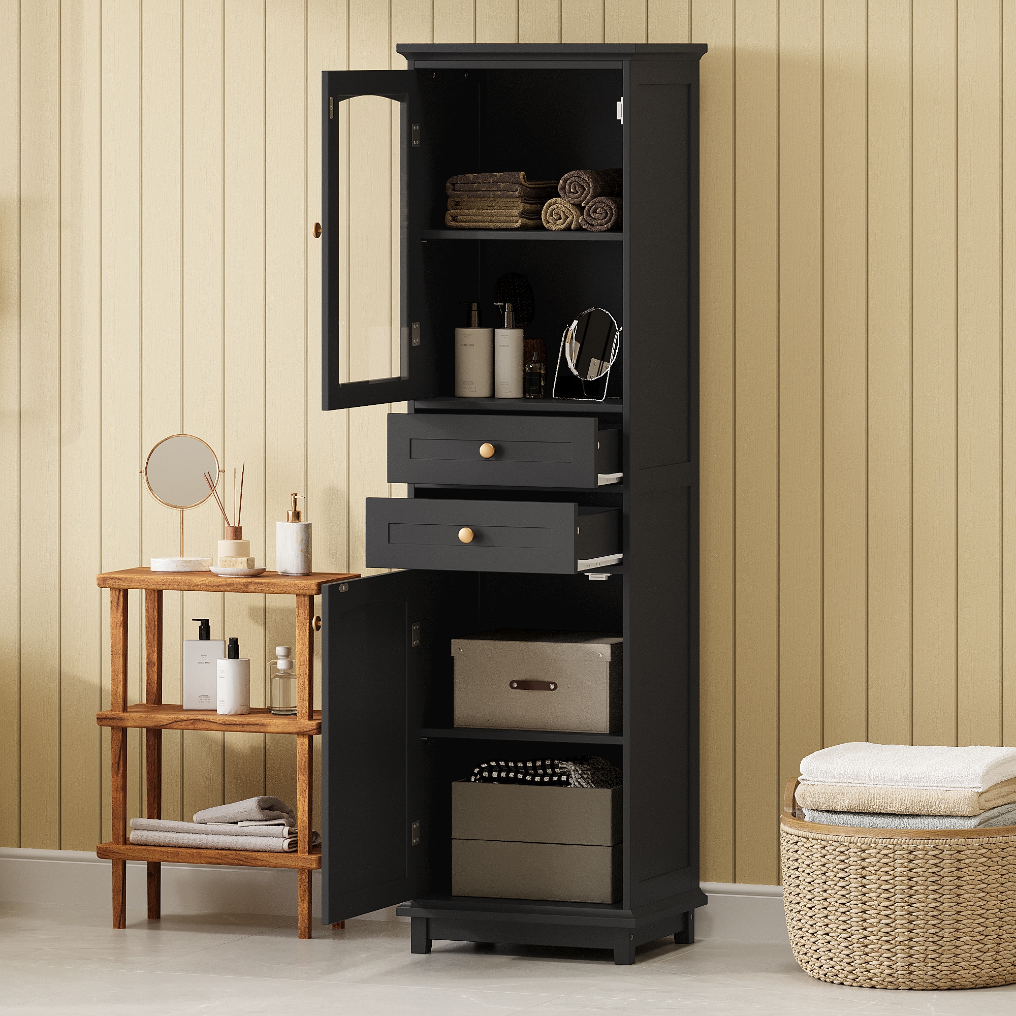 LOVMOR SF-M-N729P171305B 63Inch Tall Bathroom Storage Cabinet with Glass Doors FreeStanding Two Drawers and Adjustable Shelves MDF Board Painted Black Perfect for Displaying Your Favorite Items