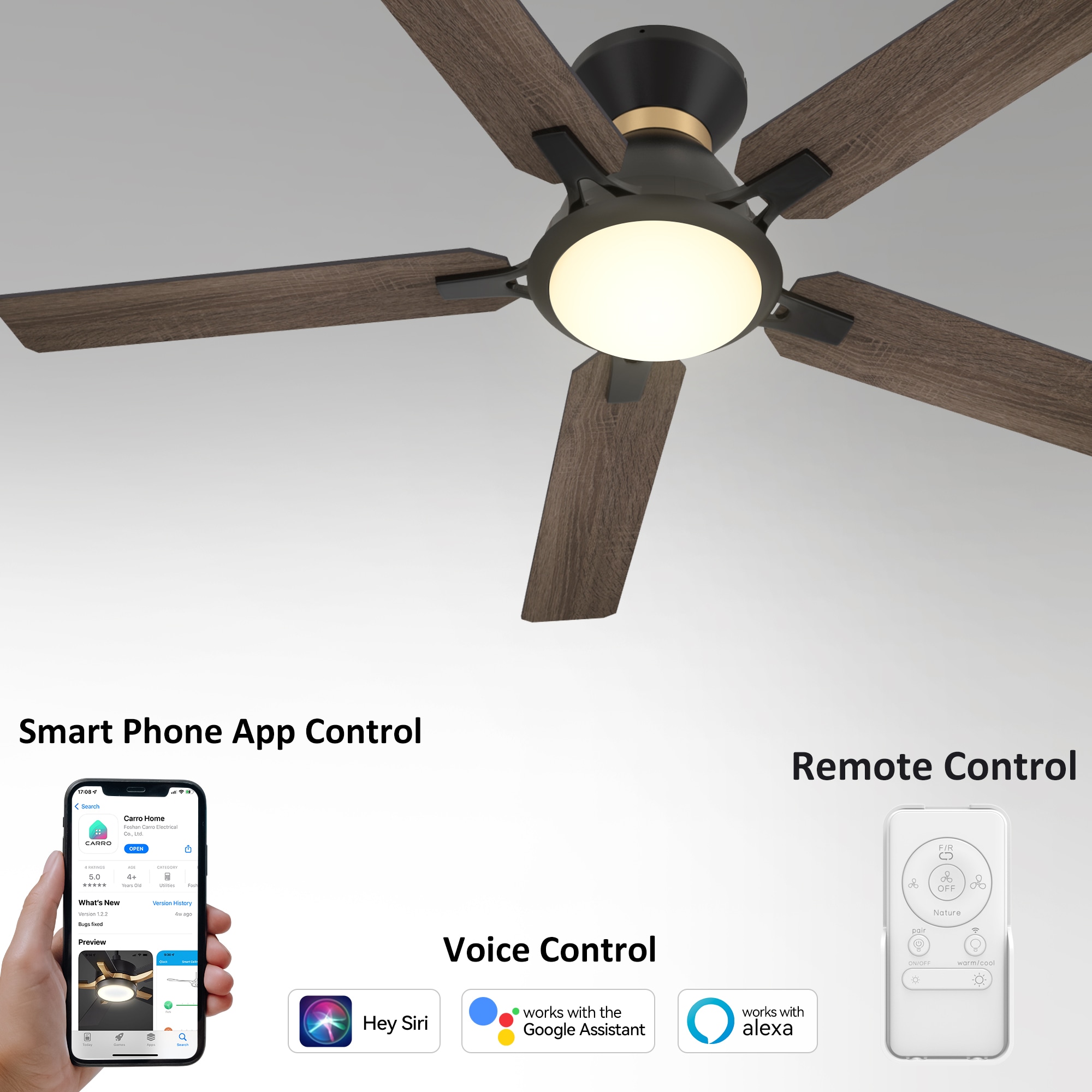 CARRO USA Essex 52-in Black with Wooden/Walnut Blades Indoor/Outdoor Flush Mount Smart Ceiling Fan with Light and Remote (5-Blade) LS525J-L12-BG-1-FMA Sansujyuku sansujyuku.com