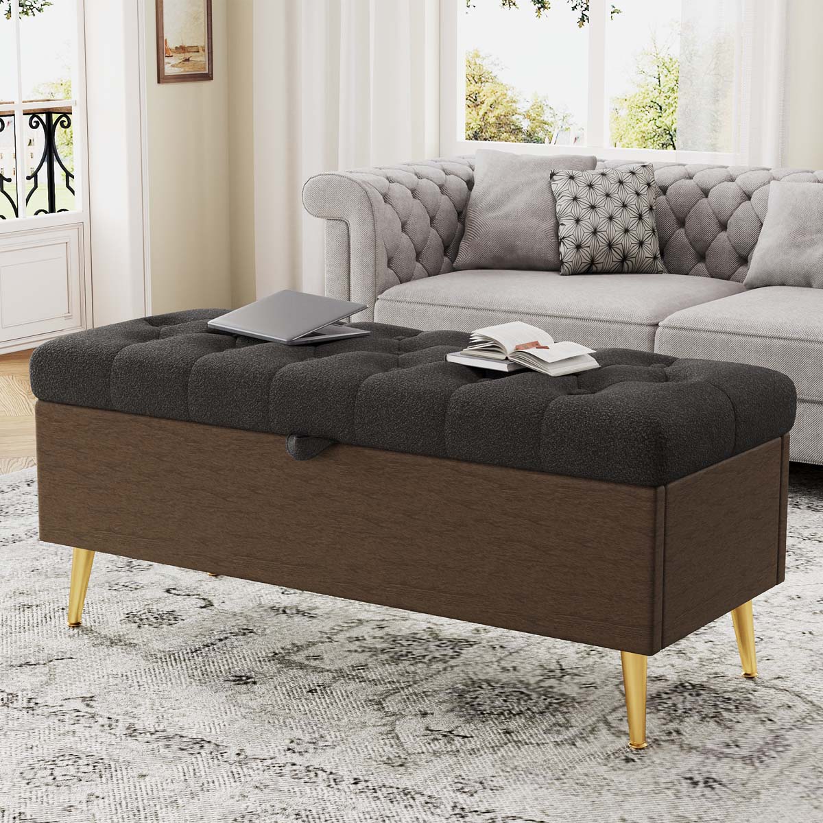 ModernLuxe Assembly Required Modern Storage Ottoman Bench Upholstered Bedroom Bench Entryway Storage Ottoman Tufted Ottoman Bench for Living Room  Bedroom and Entryway  Grey