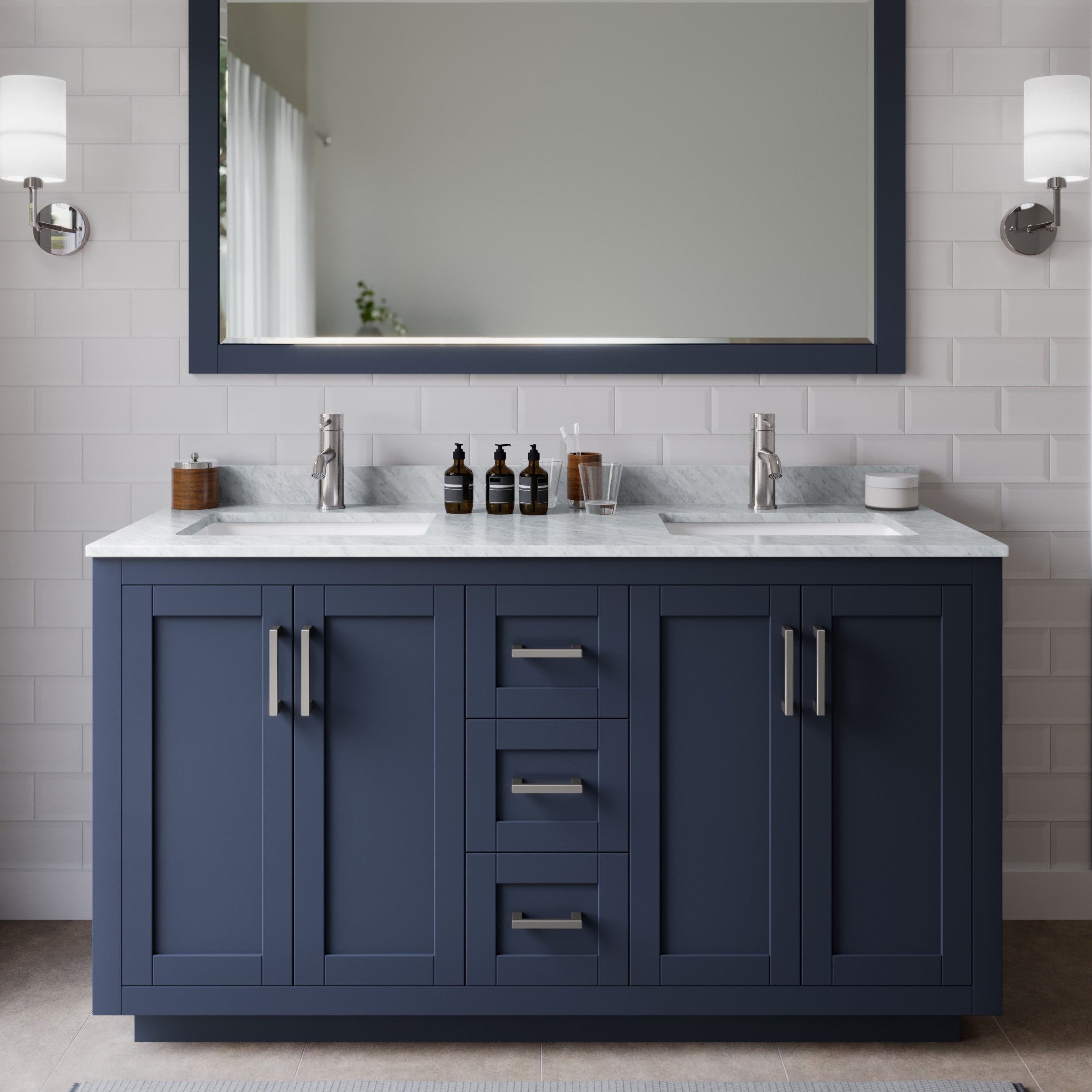 Wyndham Collection WCF292960DBNCMUNSM58 Miranda 60-in Dark Blue with Brushed Nickel Trim Undermount Double sink Bathroom Vanity with White Carrara Marble Marble Top (Mirror Included)