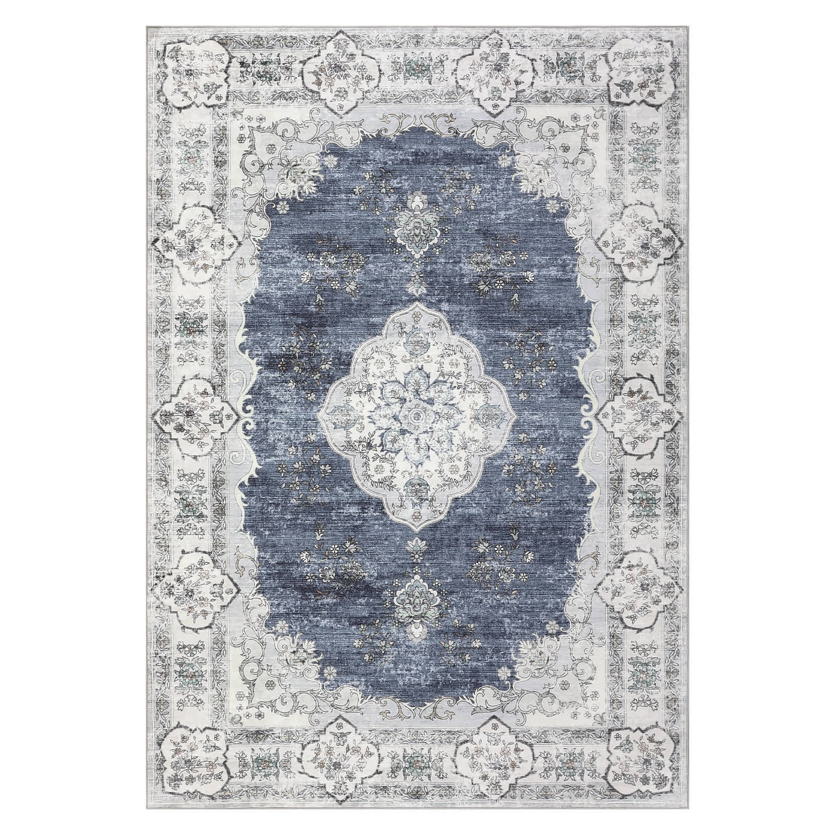 Qeetex LSN-PHO-15JZG0J0 10 x 13 ft Polyester Imitation Cashmere Blue Rectangular Hallway Bathroom Entryway Kitchen Office Foldable Flower Printed Persian Washable Area Rug