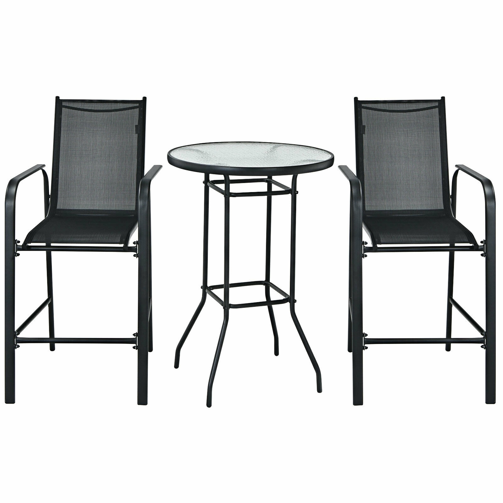 Slickblue D-CO-KB62001PN 3-Piece Outdoor Patio Bar Set – Steel Frame Patio Dining Set – Round Tempered Glass Table with 2 Black/Brown Fabric Chairs (Fire Pit Not Included and Umbrella Not Included) – Patio Garden Backyard