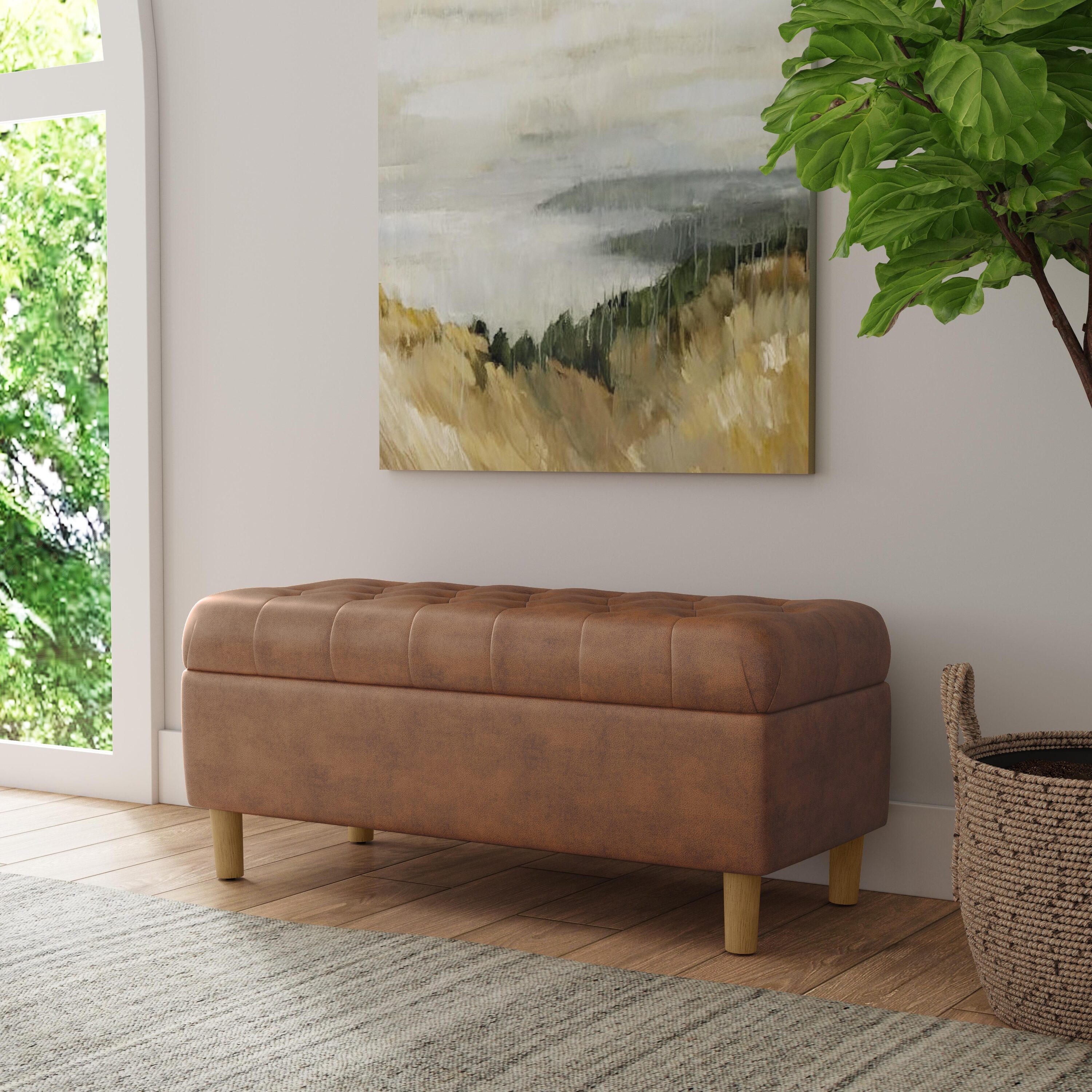 HomePop K8687-E910 Casual Brown Storage Bench with Storage 36-in x 16-in x 17.5-in
