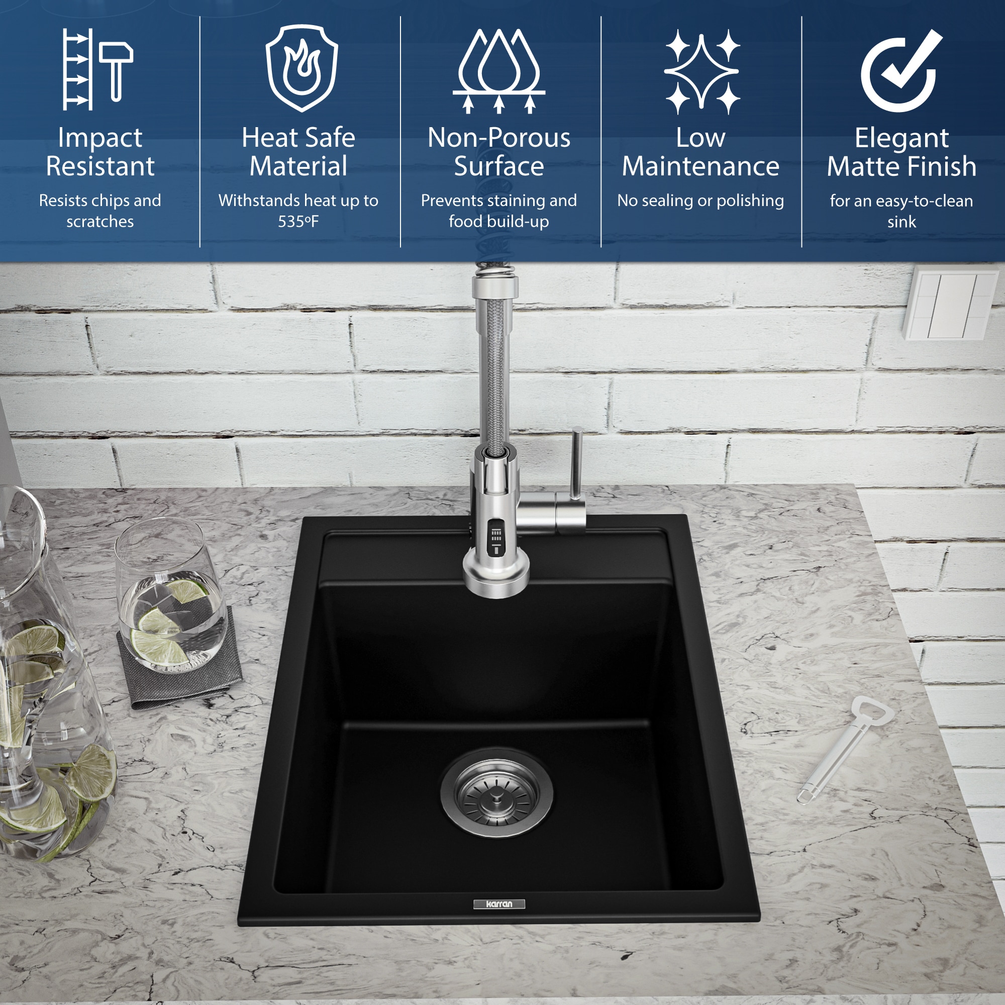 Black Quartz Composite Single Bowl Drop-In Kitchen Sink