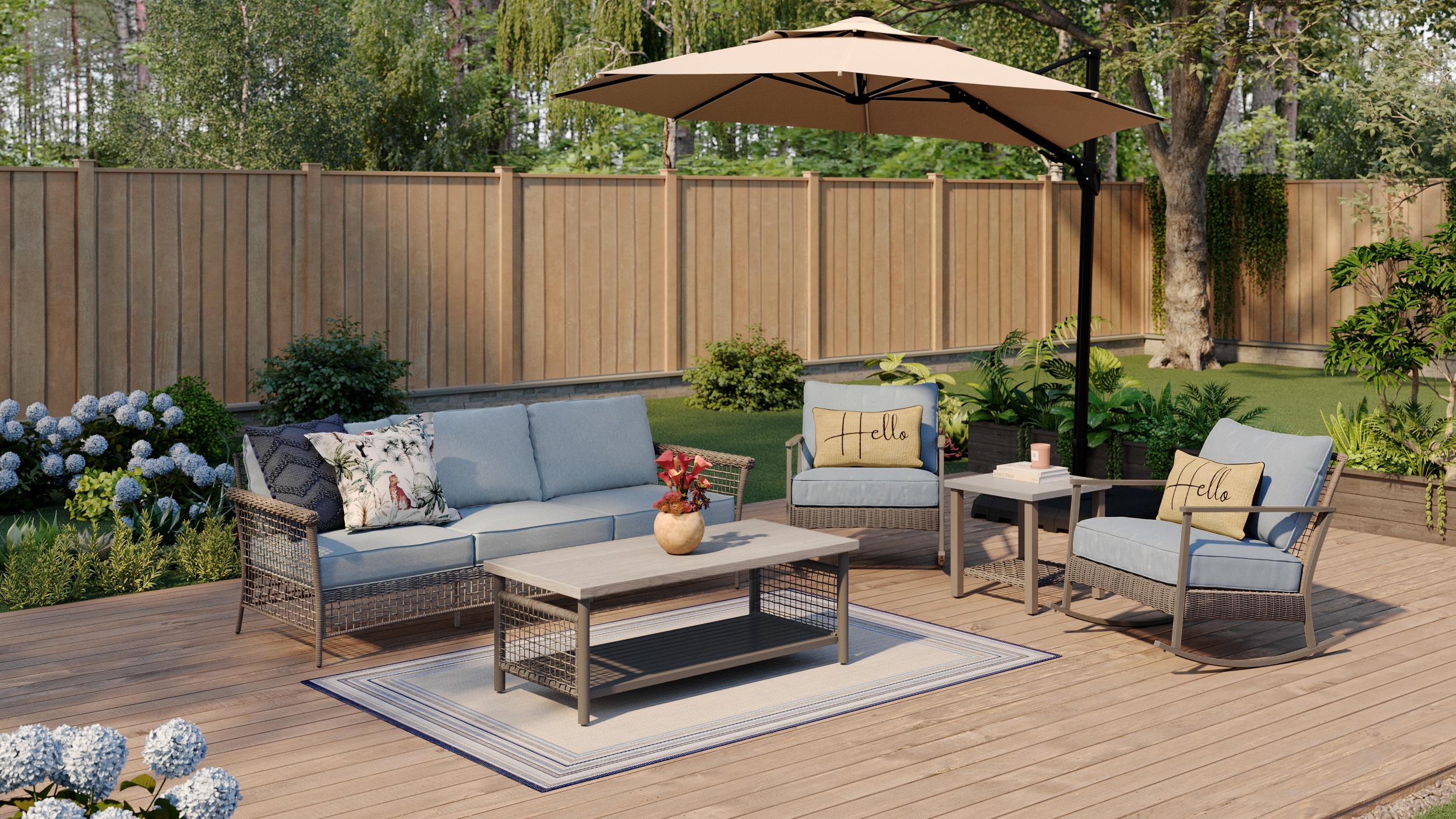 allen + roth Ivy Meadows 5-Piece Patio Sofa Conversation Set Collection with Blue Cushions