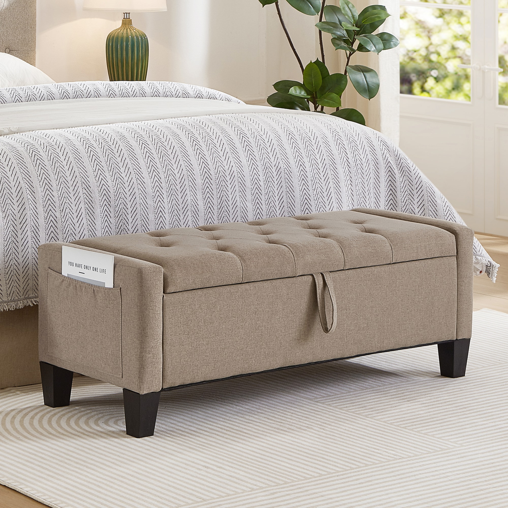 KTMBDW - Oval Ottoman Storage Bench Flannel Fabric Upholstered Bench with Metal Legs -Black