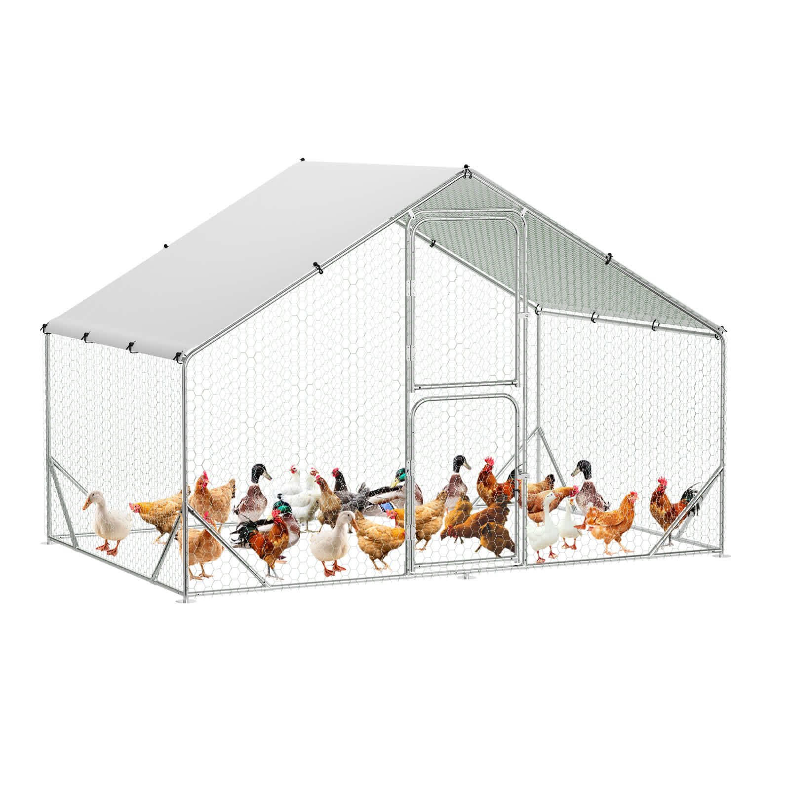 Qeetex WLS-PHO-15UBC2LO Large Metal Chicken Coop Run Walk in Poultry Cage with Waterproof Roof Cover Spire Shaped Outdoor Backyard Farm Fence Cage Hen House with Chain Link for Rabbit Duck Chicken