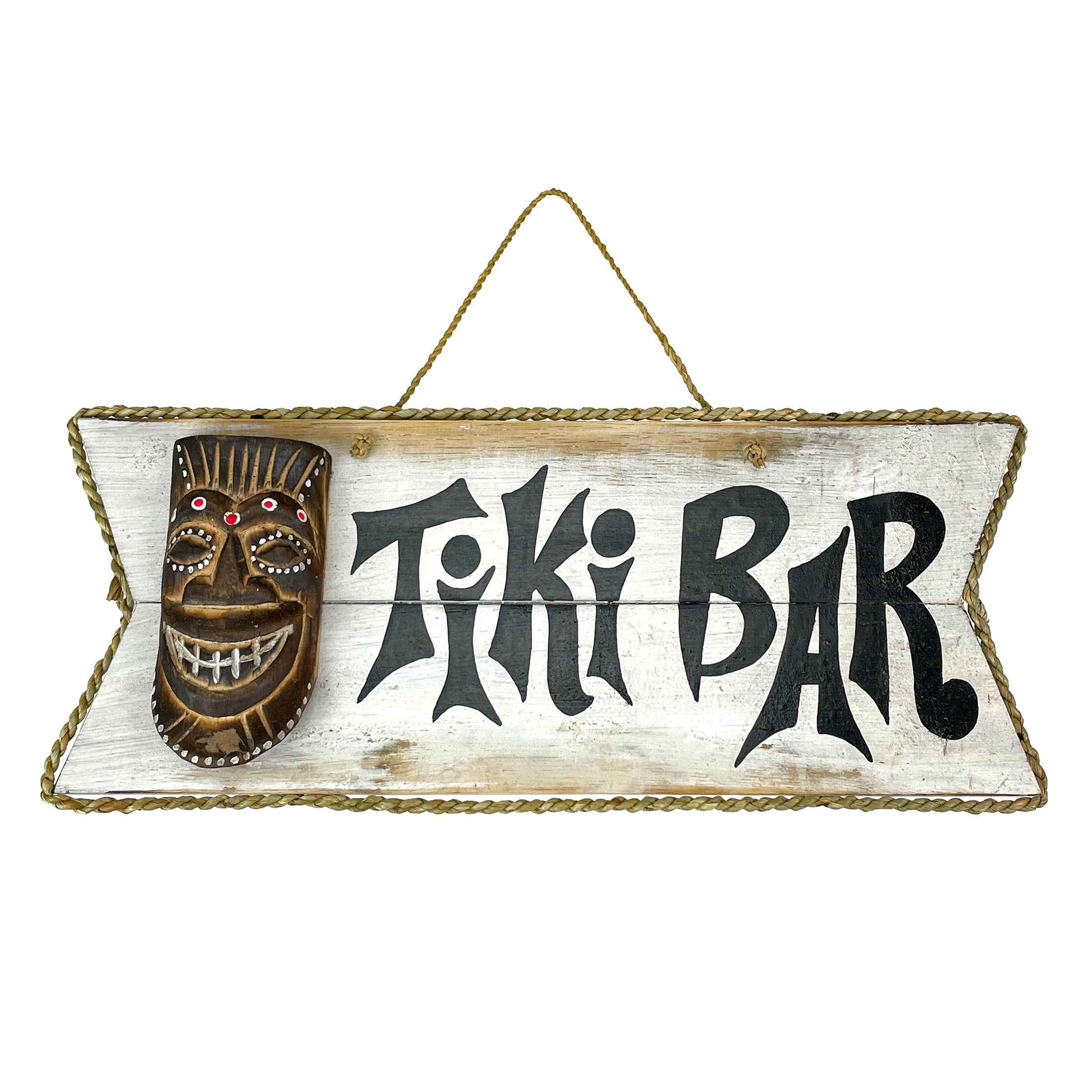 Things2Die4 JDY-24601 Hand Painted Rustic Tiki Bar Sign with Carved Mask - Rope Hanging - 16 x 7 Inches - Wooden Decor