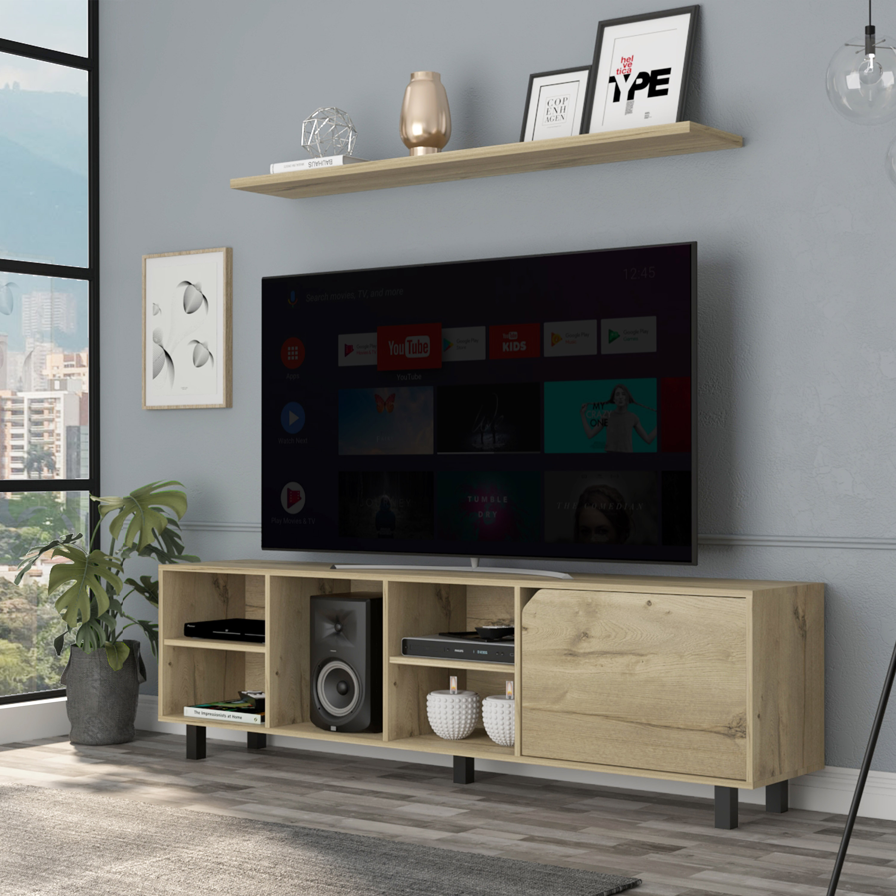Tatayosi XH-07092114 70 Inch Light Oak Valdivia TV Stand with Five Open Shelves and Five Legs for Large Screen TVs