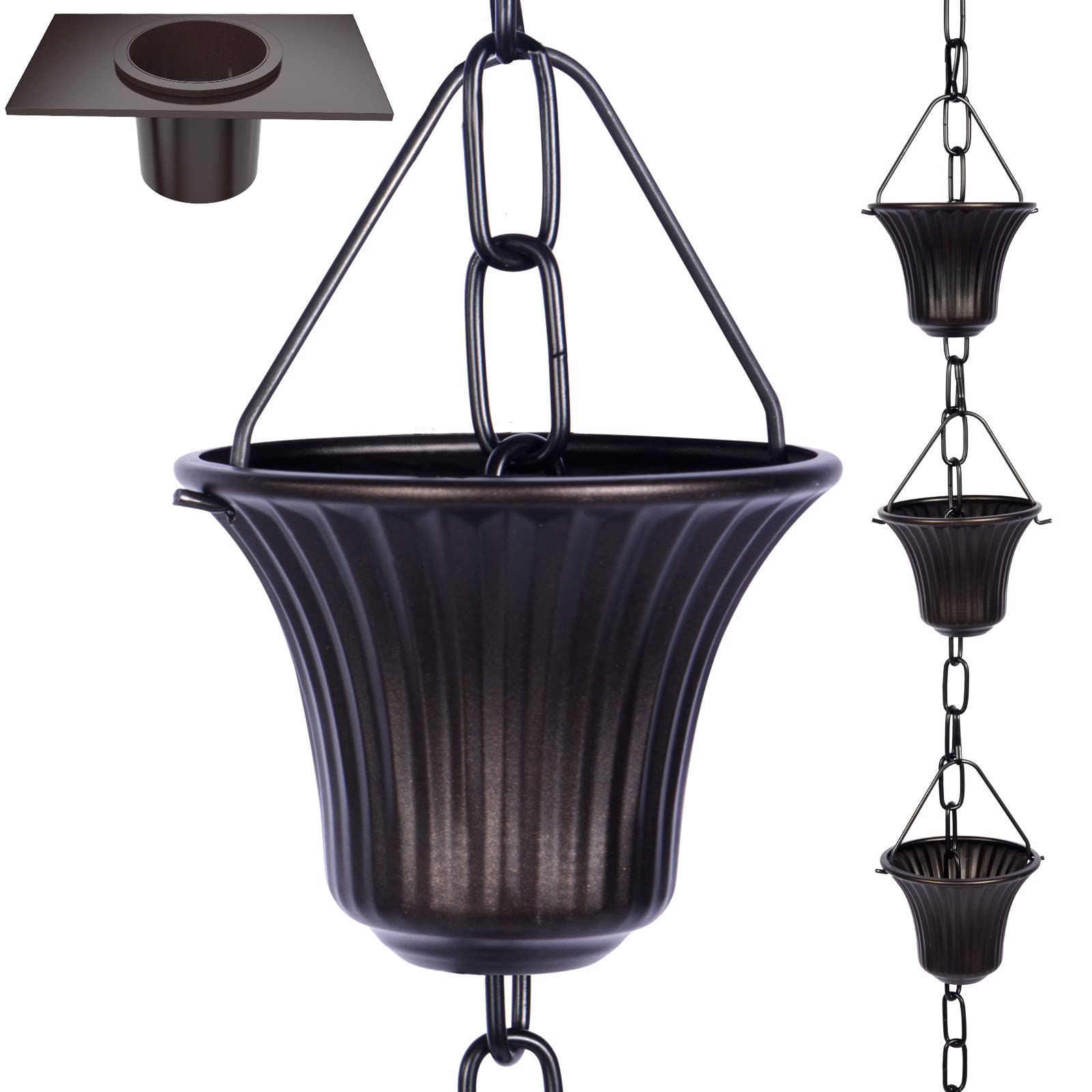 Afoxsos  Rain Chain Set 8 Point 5 Foot Wrought Iron Garden Decorative Rainwater Chain for Gutters with 14 Cups Adapter Anchoring Stake Hook Coffee