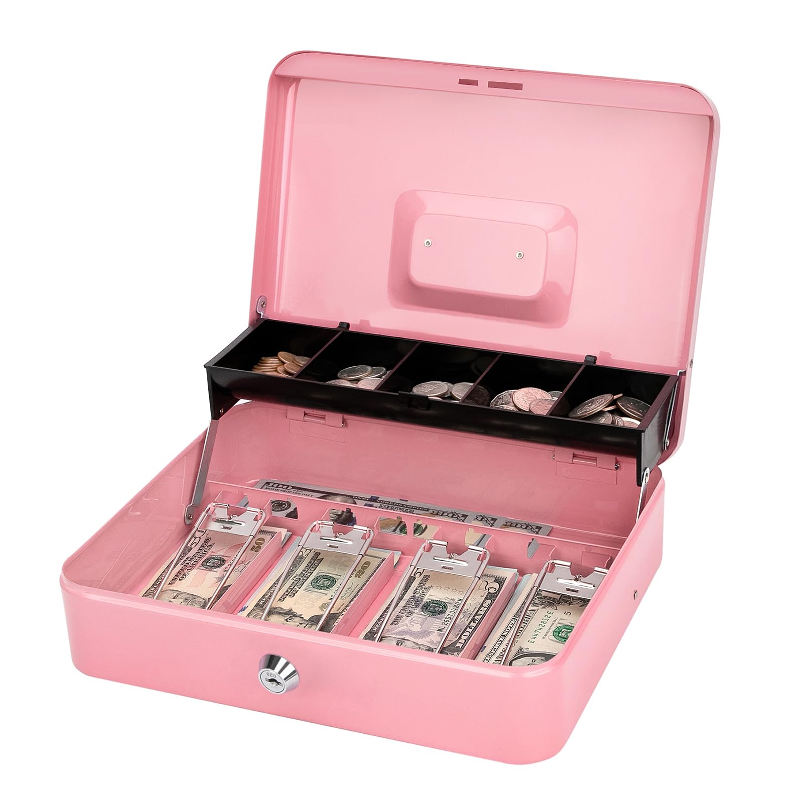 LAIFUCAM  Pink Cash Box with Key Lock Large Metal Money Storage Box Five Compartment Tray Secure Register Drawer for Home Office Yard Sales 1