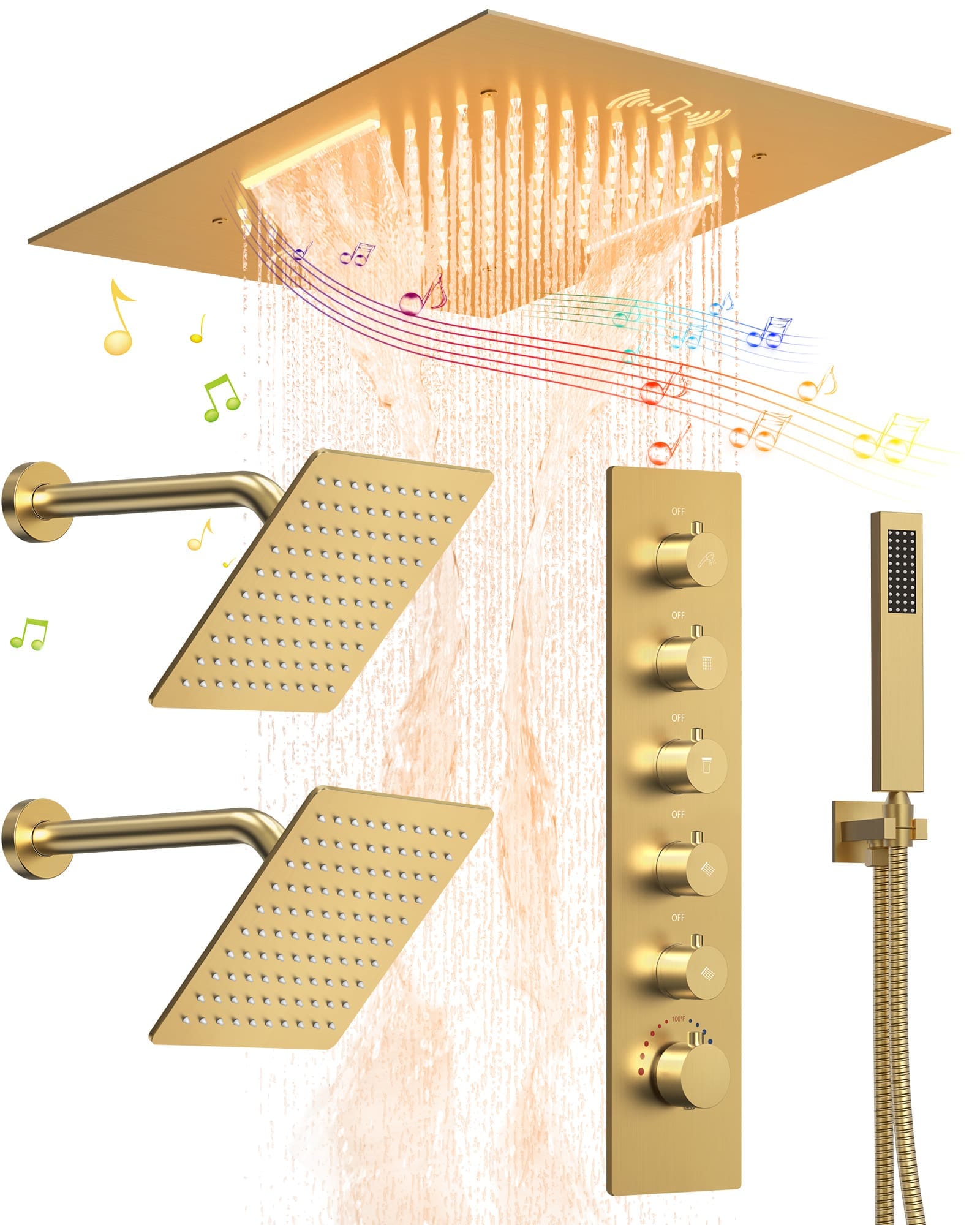 EVERSTEIN SFS-1056-GD20 5-Spray Patterns Square Dual Ceiling Mount Shower Head Fixed Shower Head with Handheld in Gold