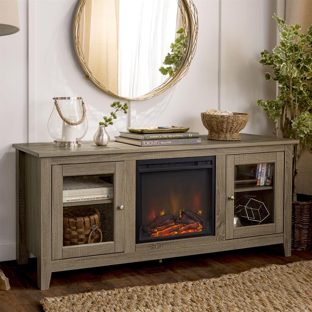 Walker Edison 58in W Driftwood TV Stand with LED Electric Fireplace in