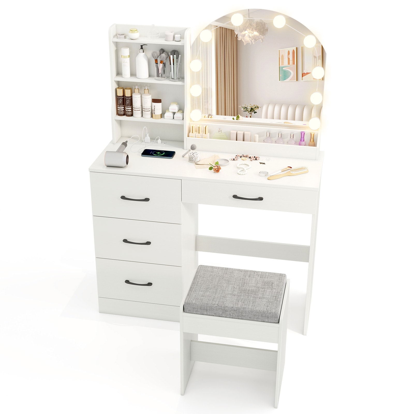 Slickblue D-CO-+HW-SU67901UH 39.5-in White/ Black Makeup Vanity Desk with Sliding HD LED Mirror Adjustable Lighting Charging Station and Stool for Bedroom or Dressing Room