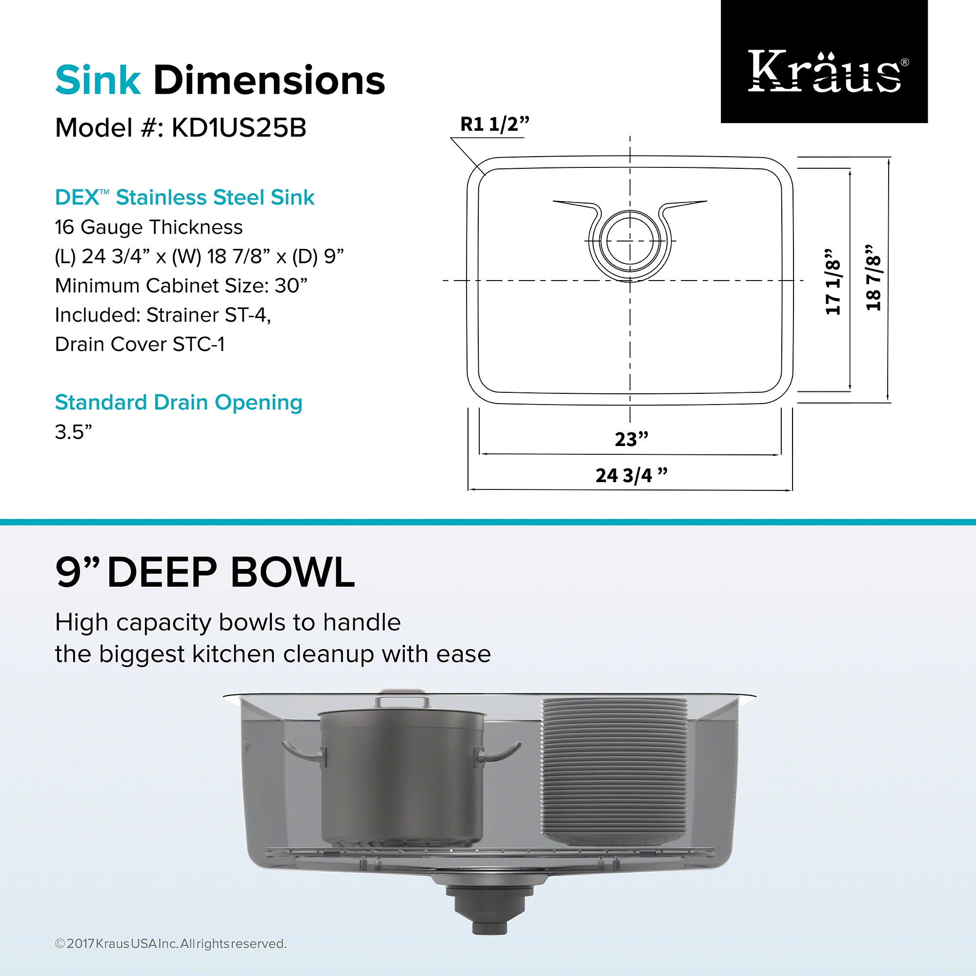 Dex 25-Inch Undermount Single Bowl Stainless Steel Kitchen Sink with DrainAssure