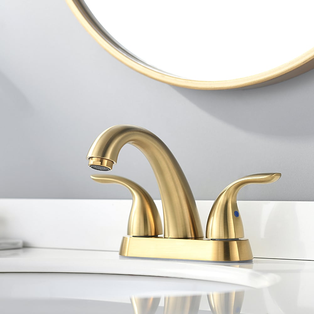 Phiestina Brushed Gold 4 Inch 2 Handle Centerset Stainless Steel Bathroom Faucet in the Bathroom
