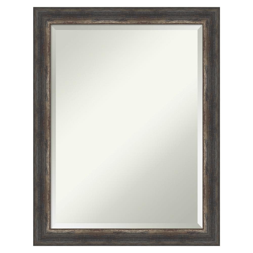 Amanti Art Beveled Bathroom Wall Mirror - Bark Rustic Char Frame Bark Rustic Char Narrow Outer Size: 21 x 27 in Silver, Brown, Black
