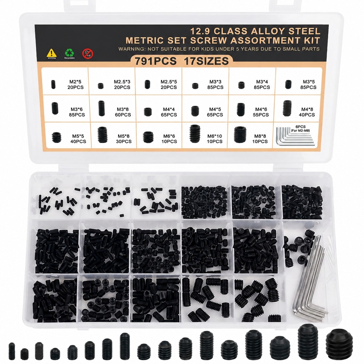 ITOPFOX  791PCS Metric Set Screw Assortment Kit 17 Sizes M2 to M8 Alloy Steel Hex Socket Cup Point Screws with Hex Wrenches