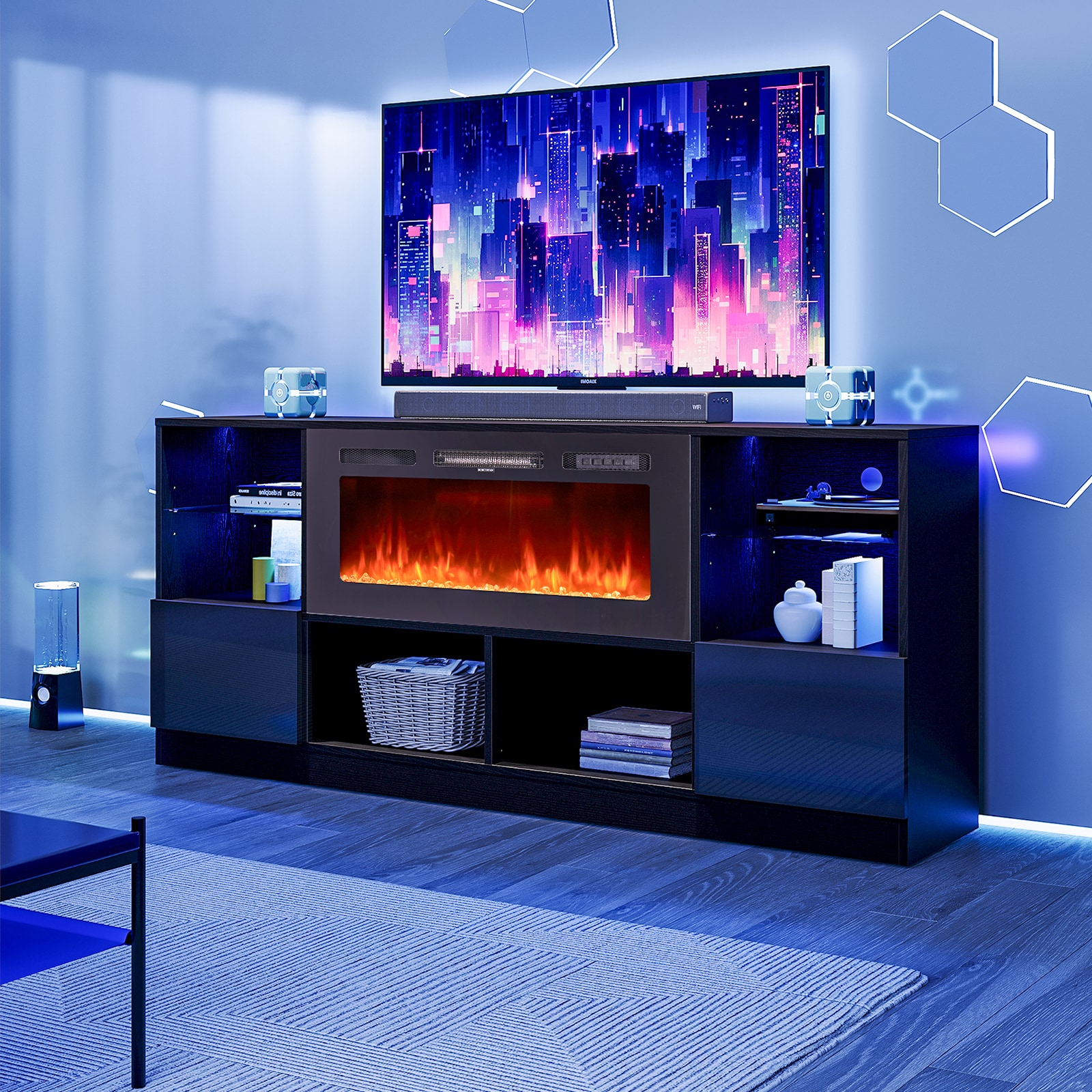 Bapipro TE06A307B 68-in W Black TV Stand with Infrared quartz Flat wall Electric Fireplace with Remote Control Included