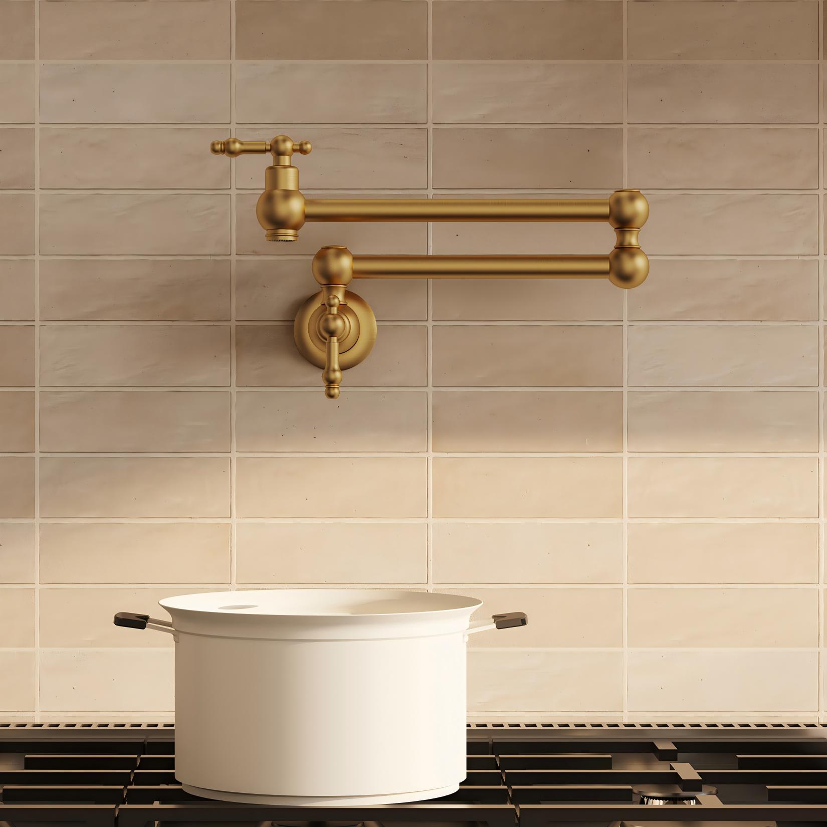 EVERSTEIN Brushed Gold Vintage Pot Filler Faucet Two-Handle Wall Mount Swing Arm Folding Pot Filler Kitchen Faucet