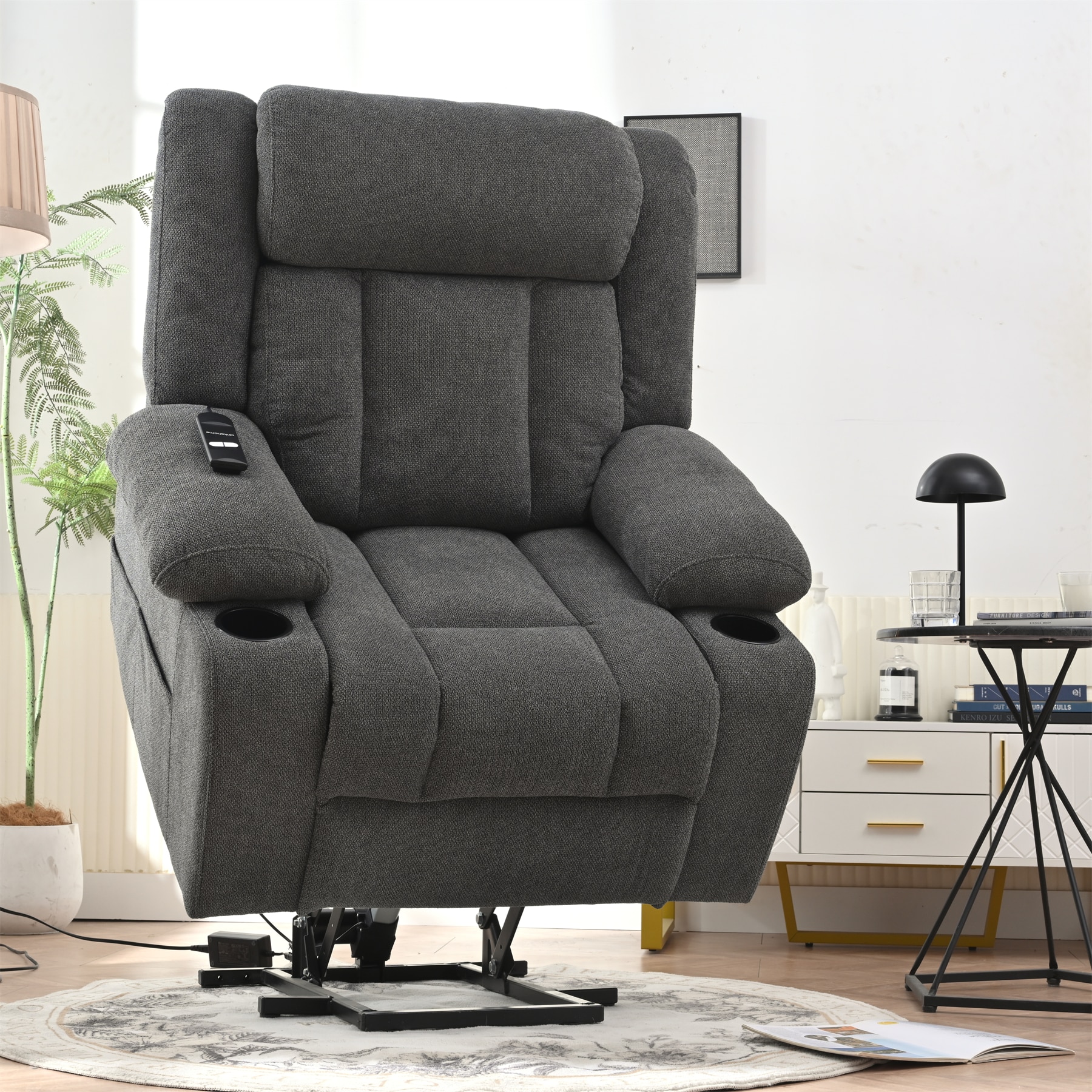 LOVMOR SF-WO-W1028S00043 Power Lift Recliner Chair for Elderly Fabric Lift Chair Extended Footrest 2 Cup Holders Side Pockets Remote Dark Gray