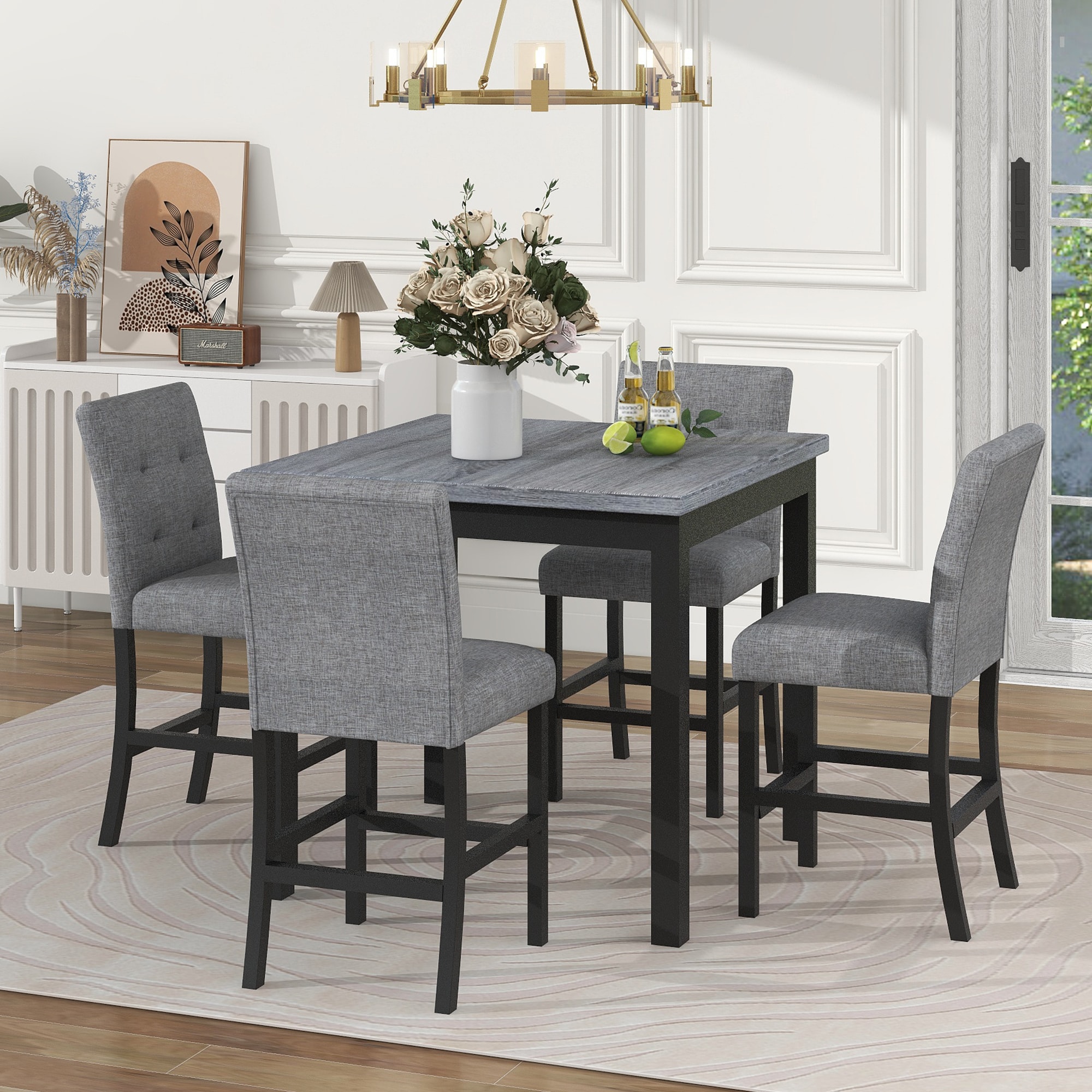 ModernLuxe 5 Piece Counter Height Dining Set Wood Square Dining Room Table and Chairs Stools w Footrest 4 Upholstered high back Chairs Black