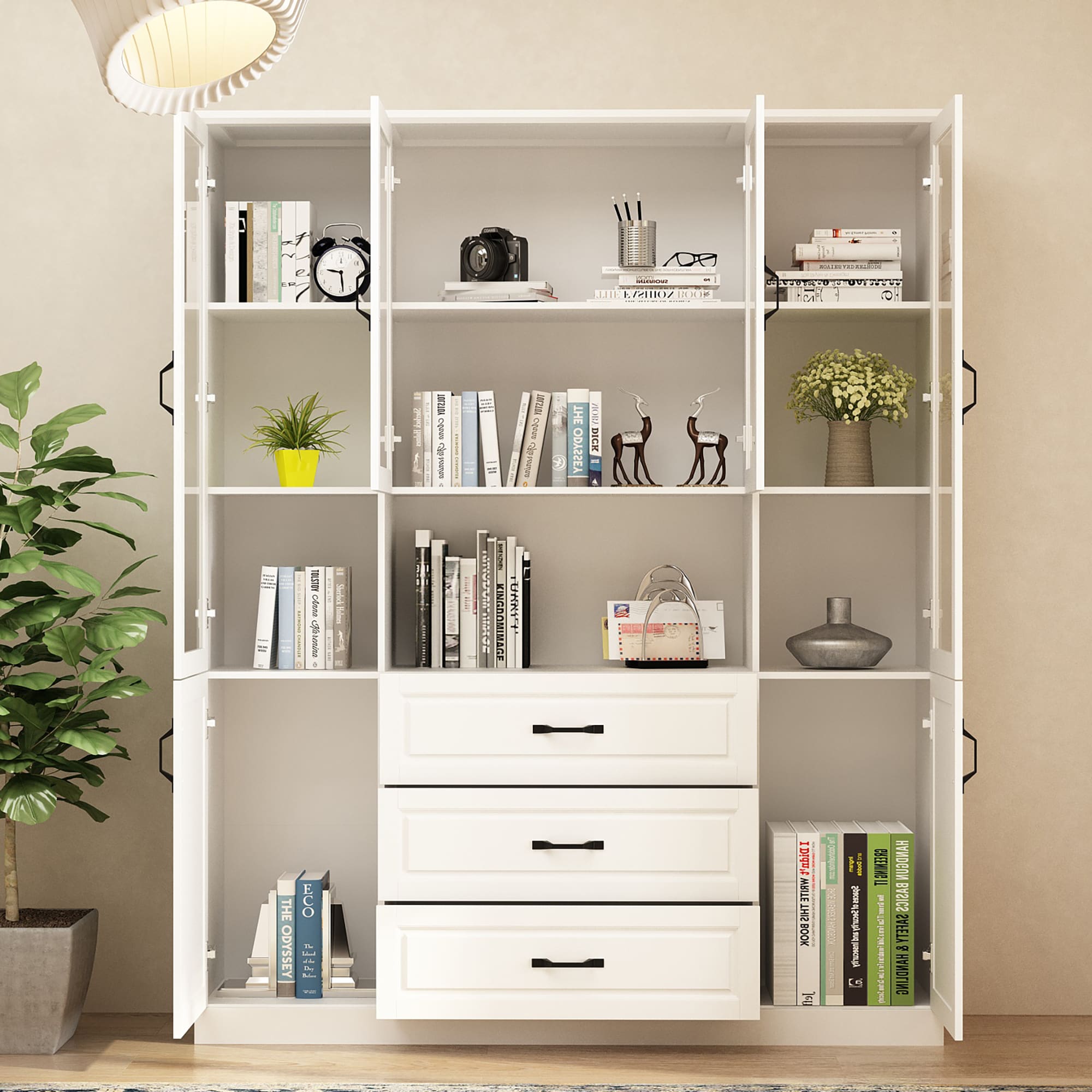 FUFU&GAGA KF020385-01+02 White MDF 5 -Shelf Oversized set Bookcase with Doors ( 63-in W x 78.7-in H x 15.7-in D ) Finished