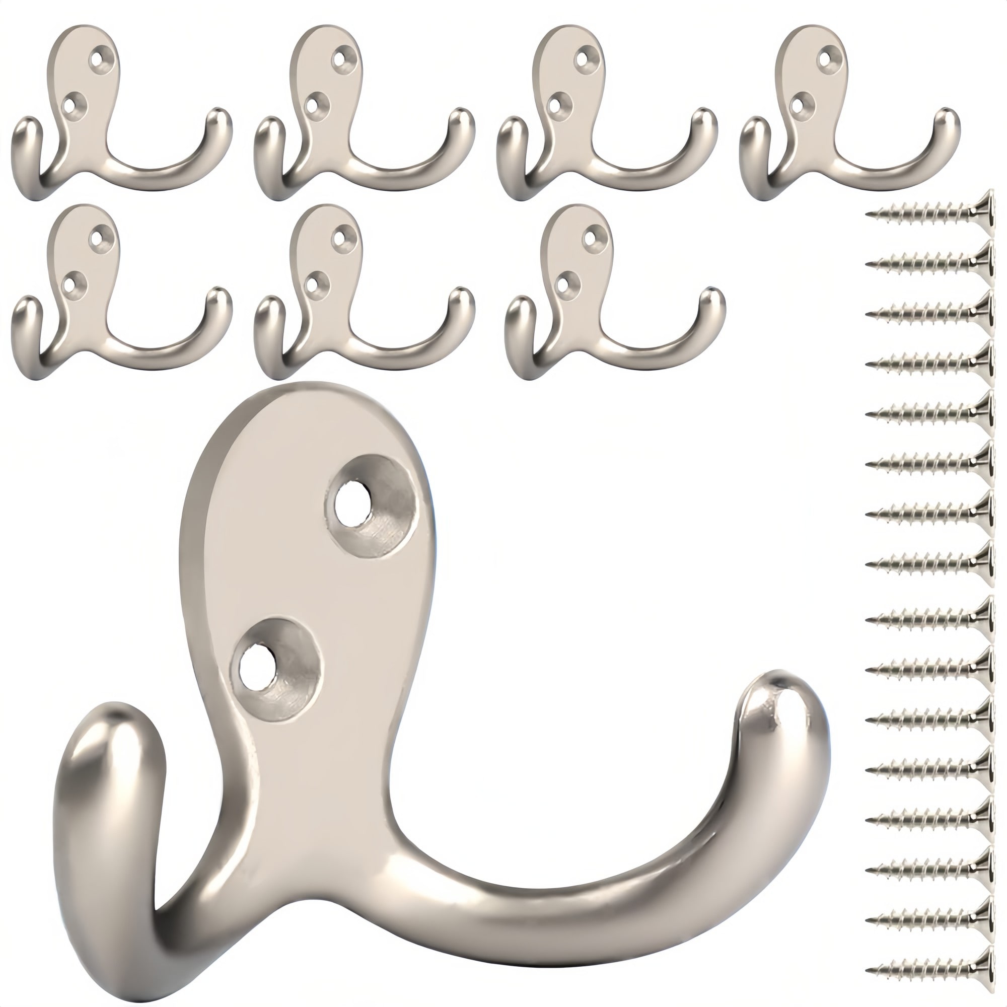 Numhew 2.8in x 1.8in 8-Pack Double Prong Silvery Wall Mounted Coat Hooks