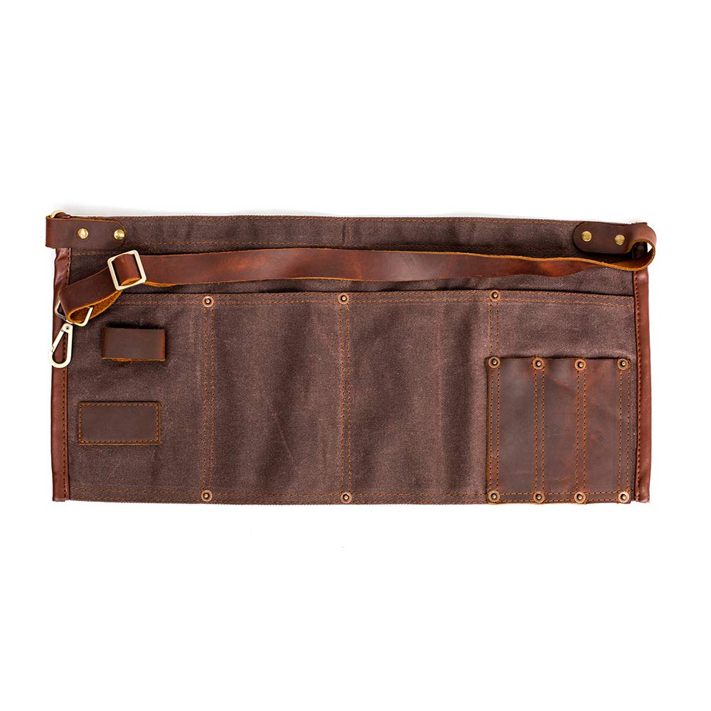 Mikiotto  Waterproof Waxed Canvas Tool Apron With Adjustable Genuine Leather Belt Brown 19 by 7 Inches durable home and garden