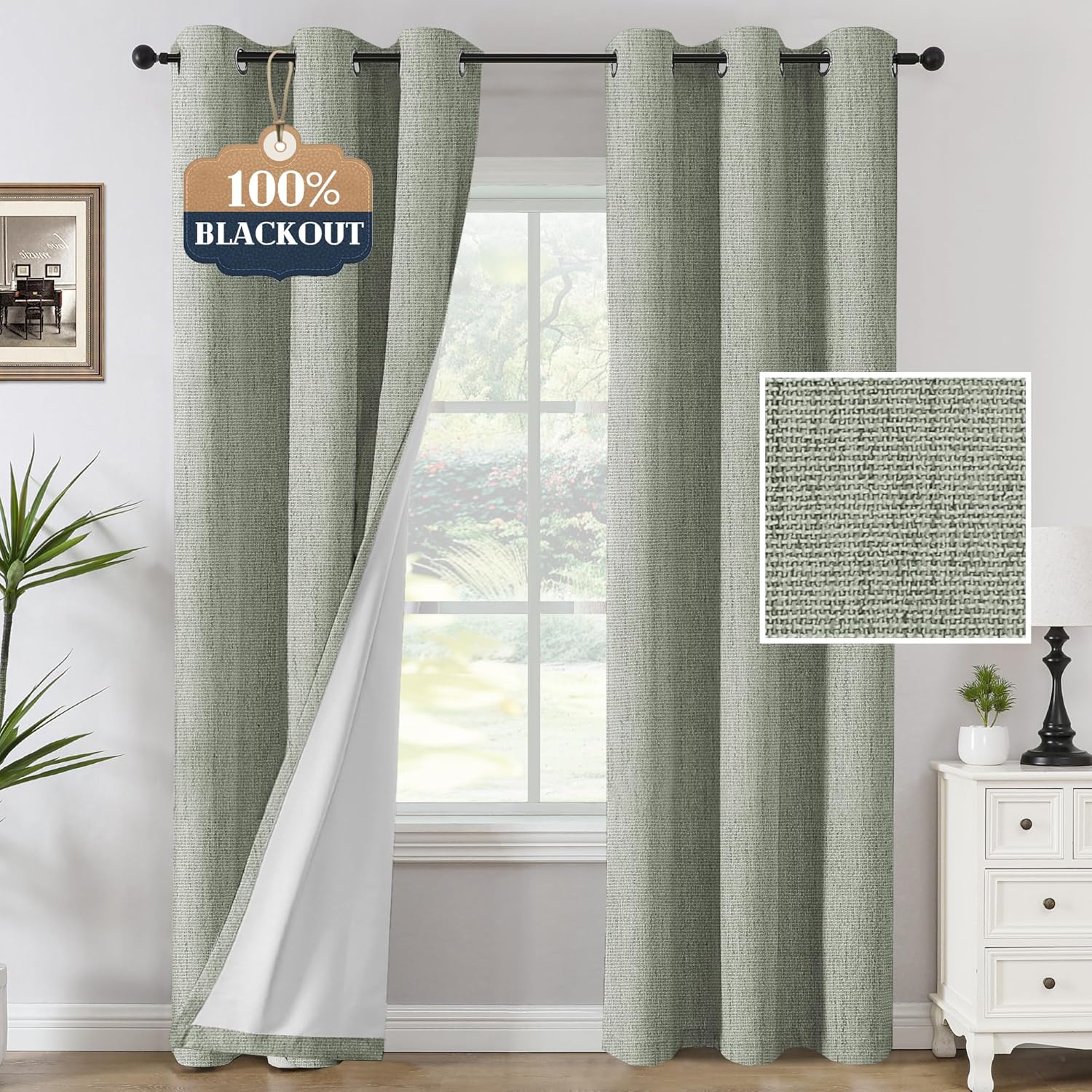 H.Versailtex  Premium Blackout Curtain Panel Pair Grommet Top 42W x 84L Heathered Sage