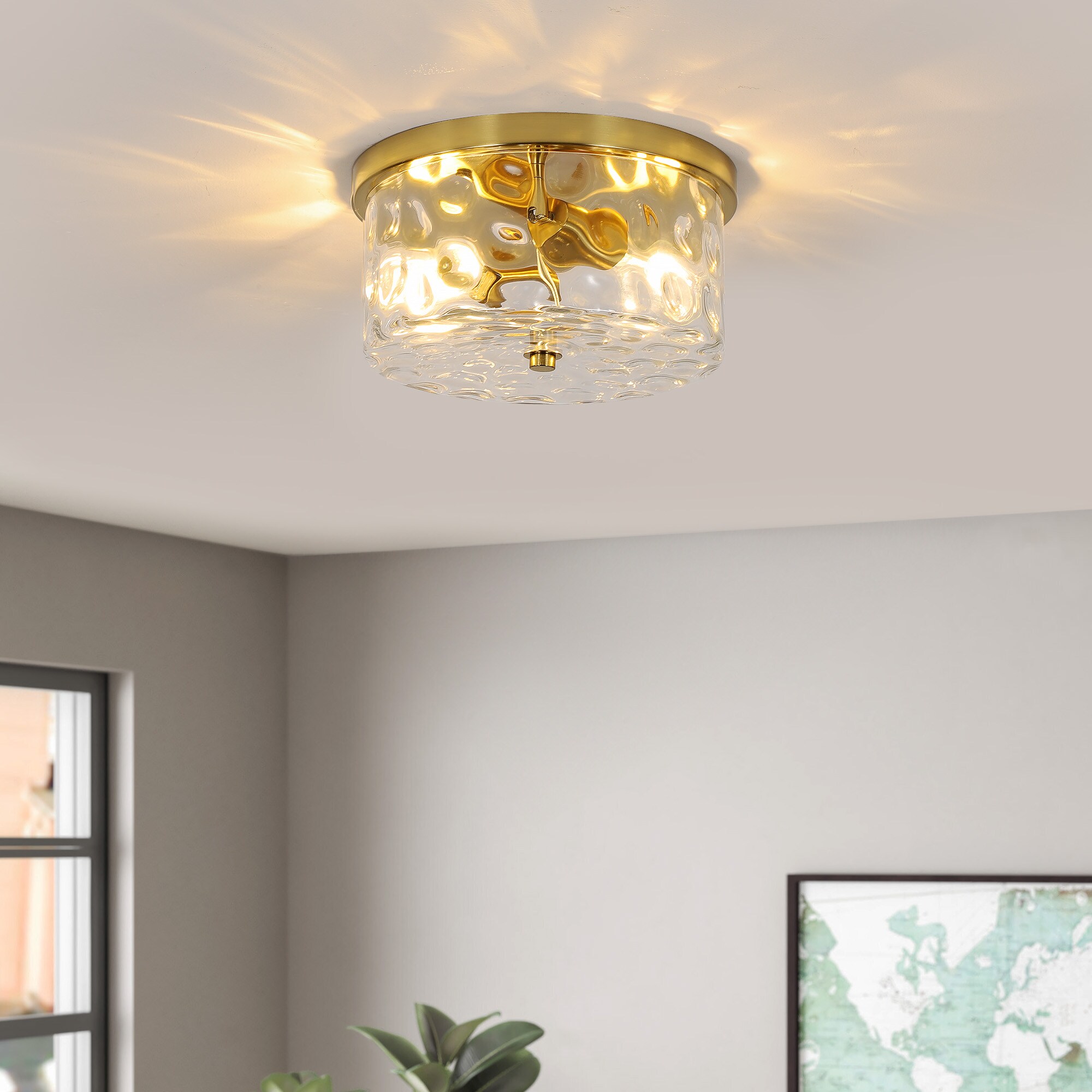 Antiqued Gold 9.8" Flush Mount Ceiling Light with Ripple Glass