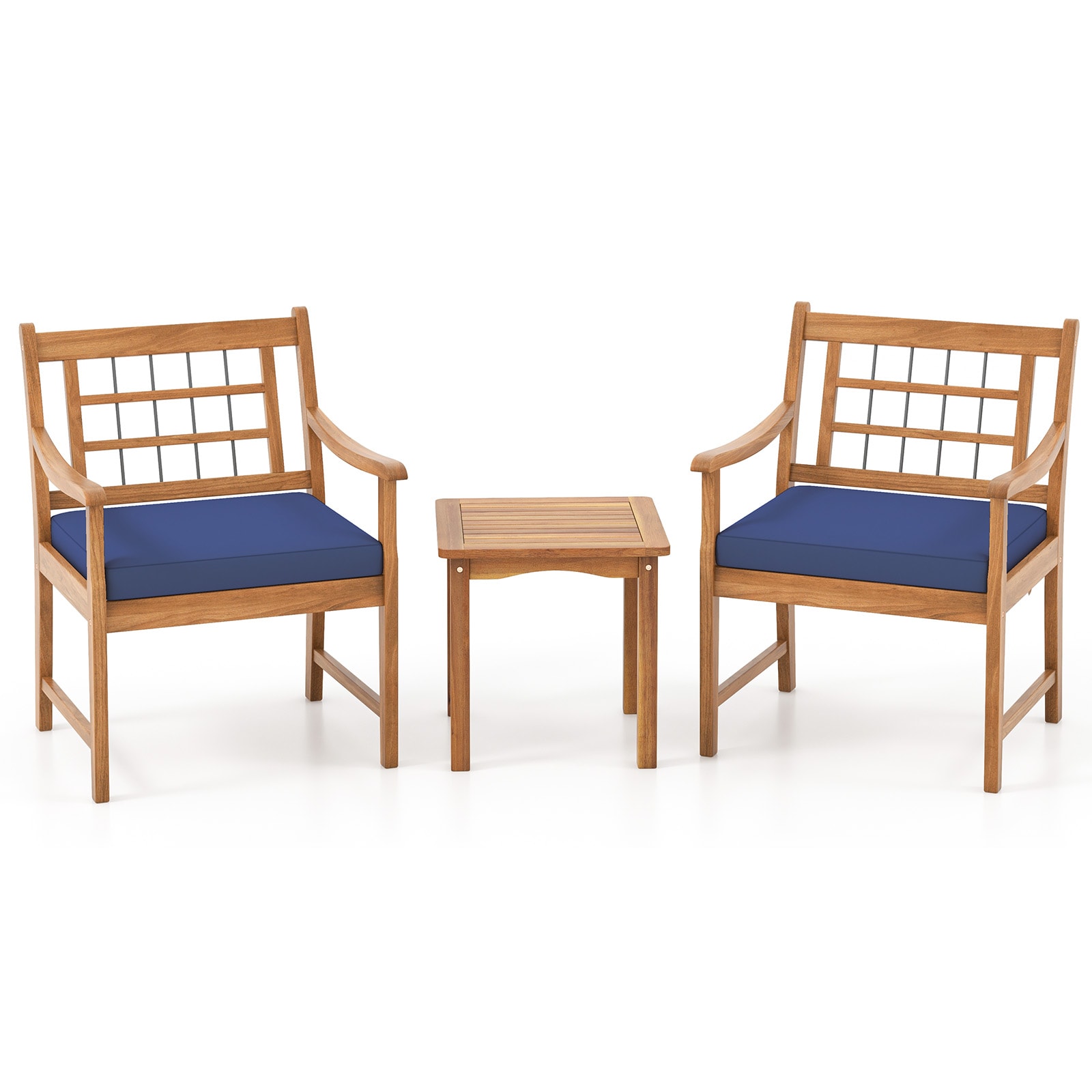 Slickblue D-CO-YN78527WH 3-Piece Wood Patio Furniture Set with 2 Chairs and 1 Square Coffee Table Natural Acacia Frame with White/ Navy/ Gray Cushions for Patio Porch Backyard Poolside