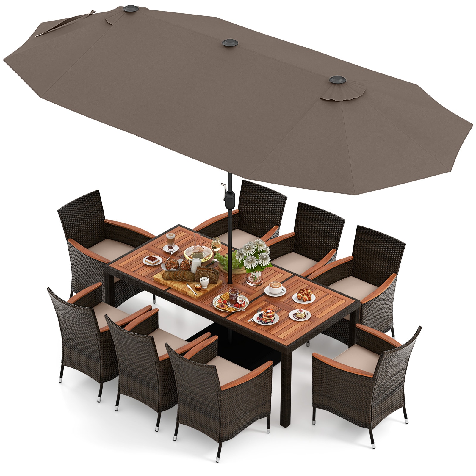  OD68814CFHWNP Patio Dining Sets 11 -Piece Mix Brown Rattan Patio Dining Set Wood Rectangle Table with 8 Beige Cushions Stackable Stationary Chairs and Umbrella Included