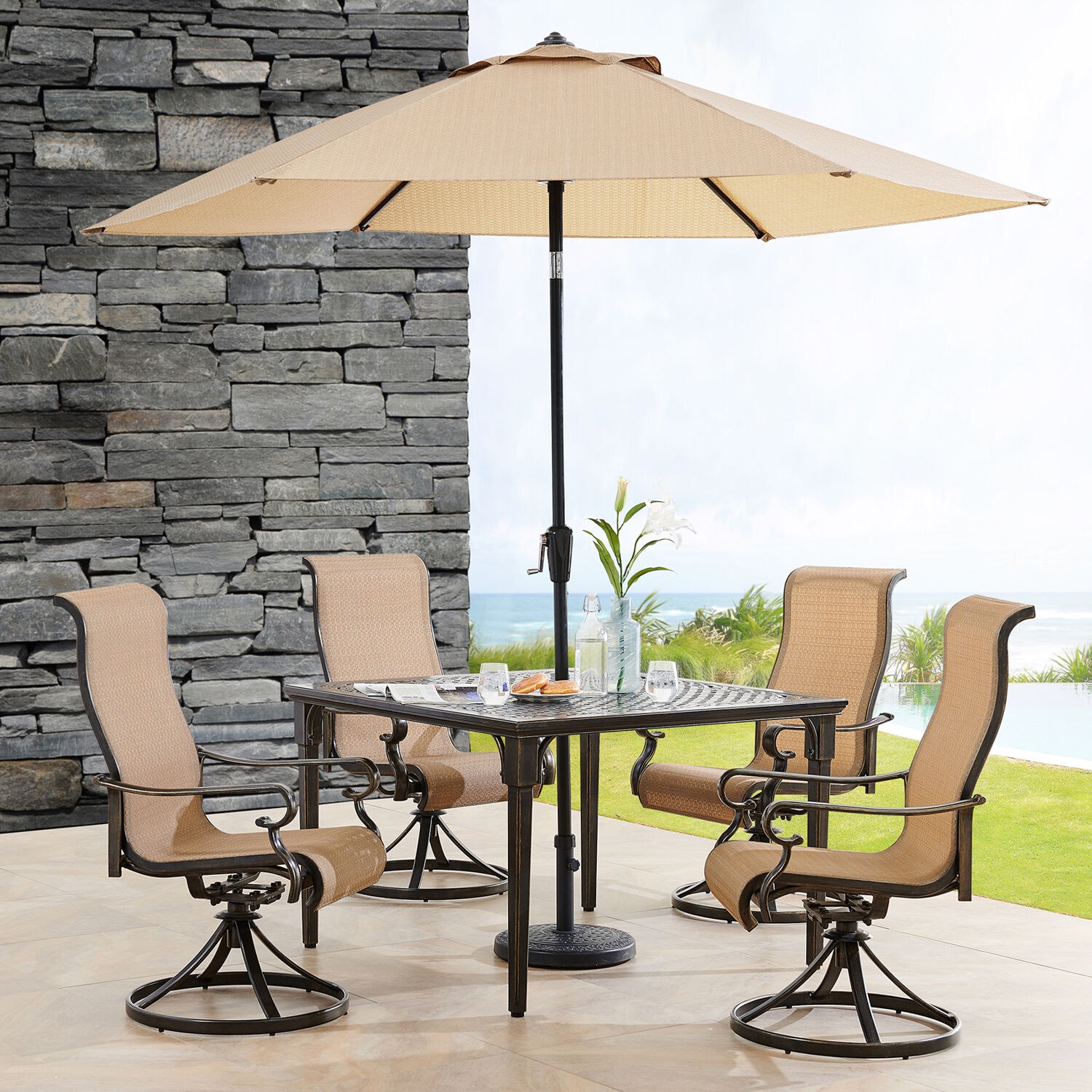 Hanover BRIGDN5PCSWSQ-SU Brigantine 6 -Piece Espresso Bean Woven Patio Dining Set Aluminum Square Table with 4 Tan Swivel Rocker Chairs and Umbrella Included