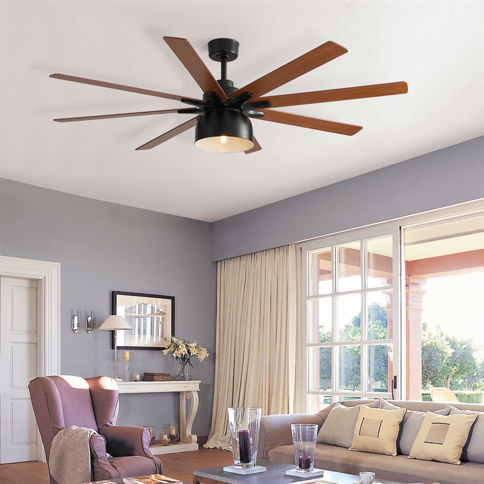 Sofucor YY-66K005-BK-SS 66K005 66-in Color-Changing Outdoor Black with Natural oak Blades Ceiling Fan With Light and Remote ( 8 -Blade )