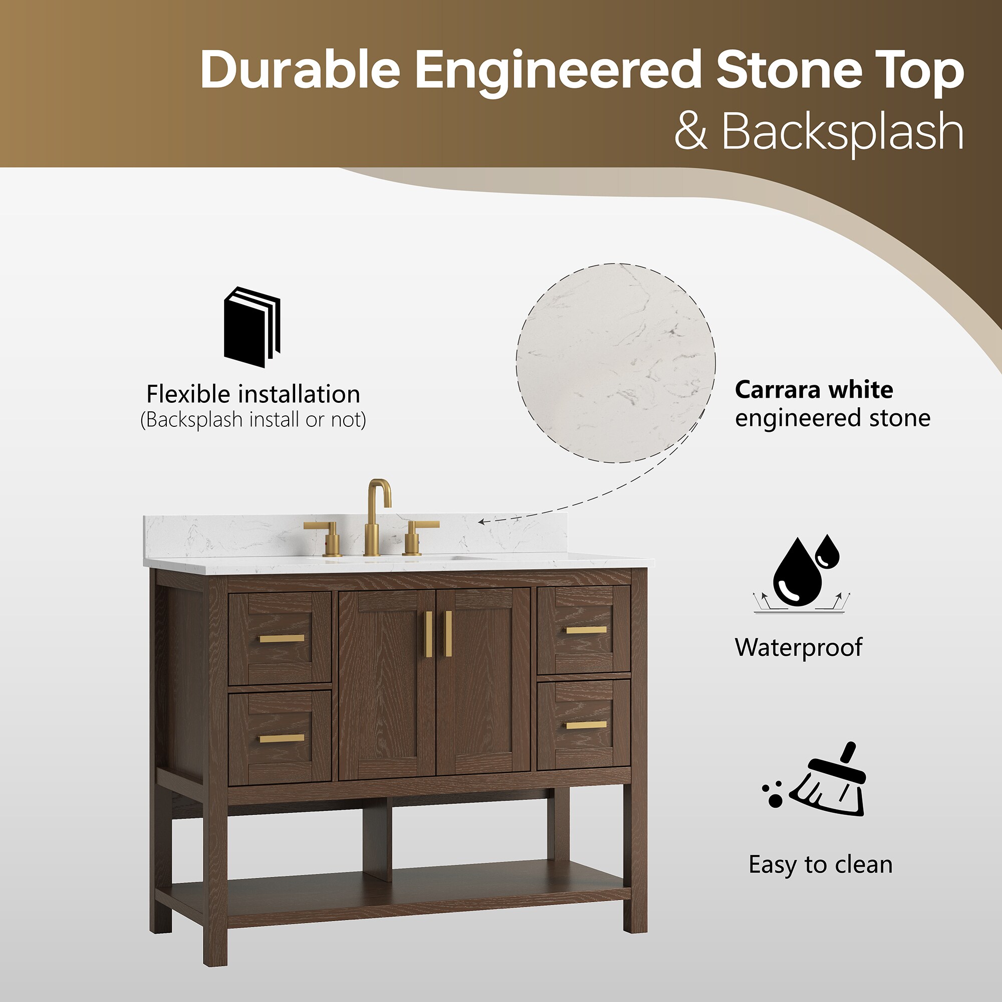 DELUXE LIVING Sofia 42-in Walnut Brown Undermount Single Sink Bathroom Vanity with Carrara white Engineered Stone Top