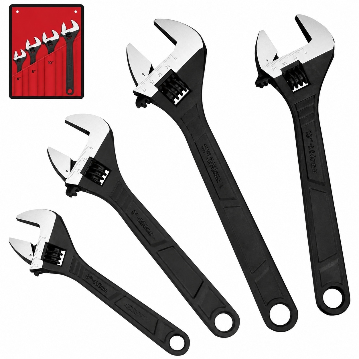 DYRCJ  Adjustable Wrench Set Wrenches Sets 4 Piece 6 8 10 12 Inch Chrome Vanadium Steel Corrosion Resistant Black Oxide Finish for Automotive