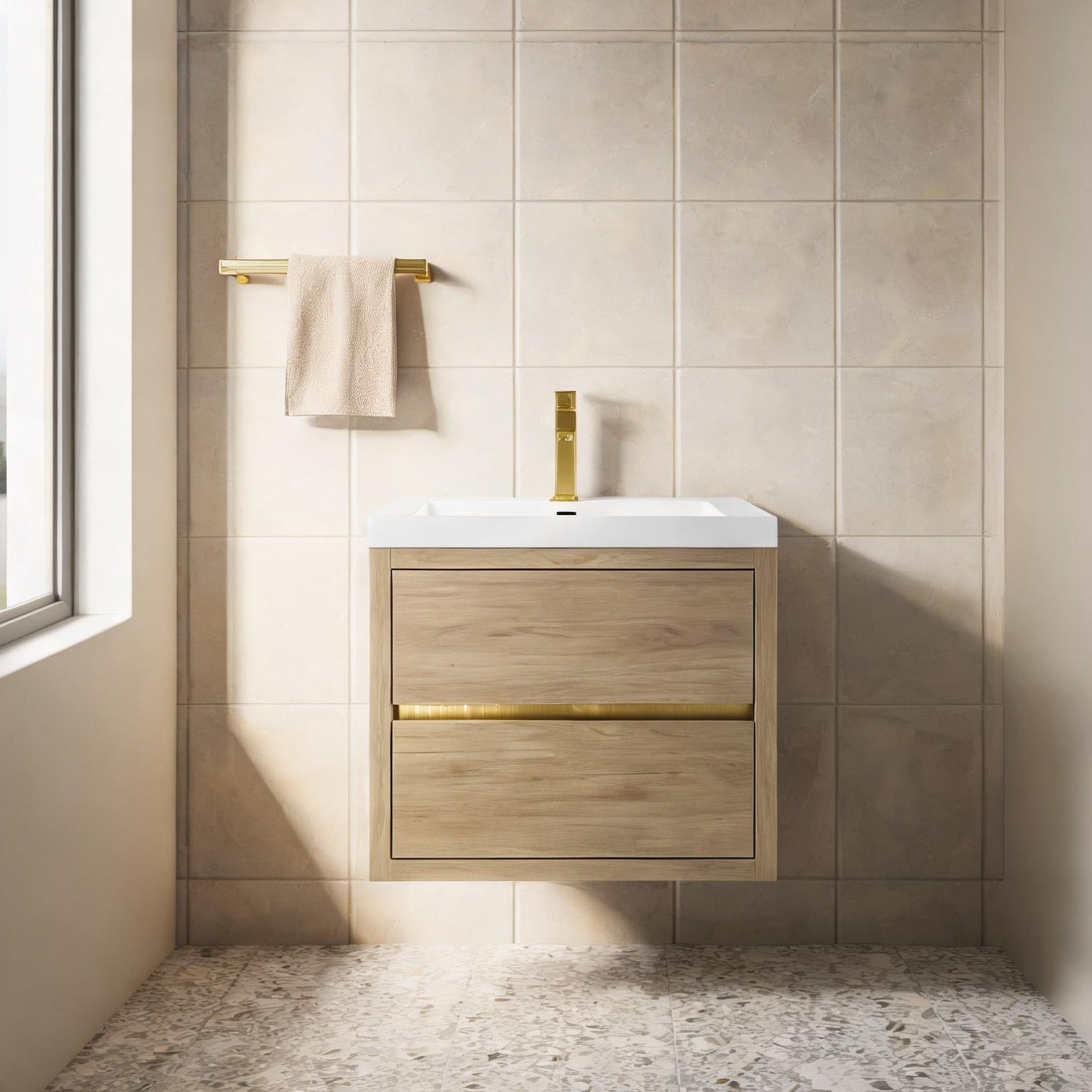 Watnature 24-Inch Floating Bathroom Vanity with Single Basin Classic White Wood Cabinet and Brown Countertop