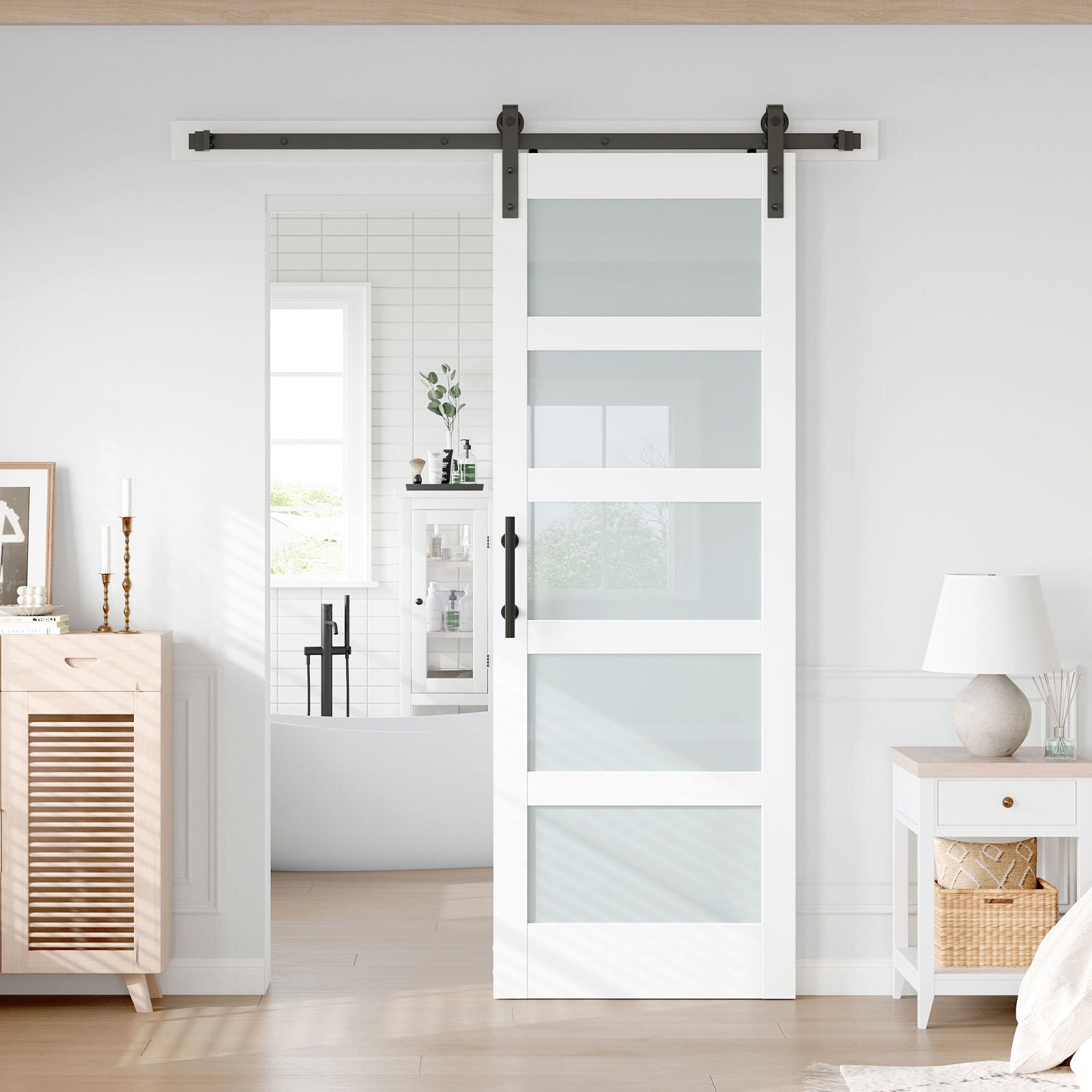 Fredbeck 32-in x 80-in Frosted Glass White Finished MDF Wood Solid Core Single Barn Door (Hardware Included)