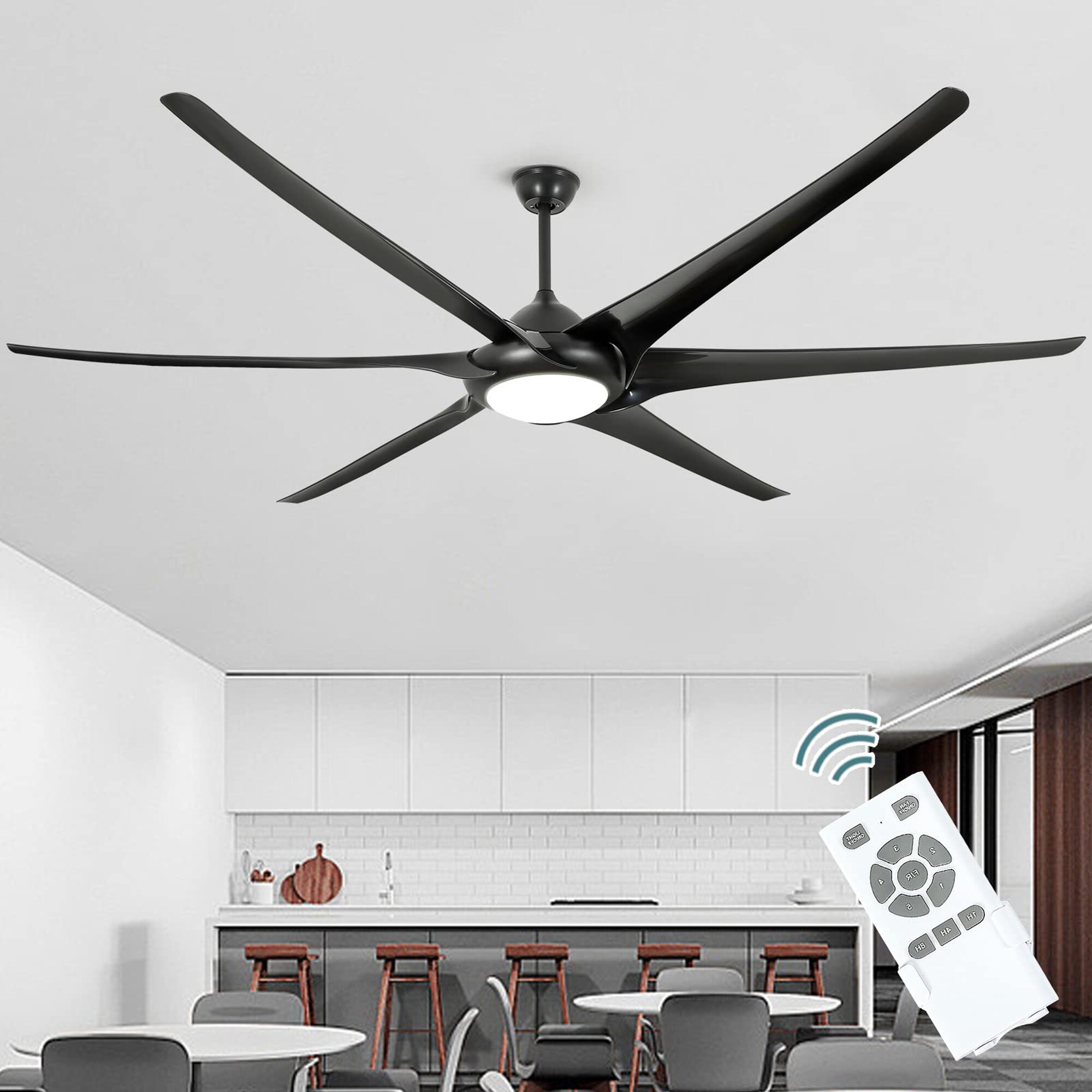 ExBrite DICF0113 100-Inches Matte Black with Solid Wood Blades Color-Changing Integrated LED Fixture Indoor Downrod mount Propeller Ceiling Fan With Light and Remote ( 6 -Blade)