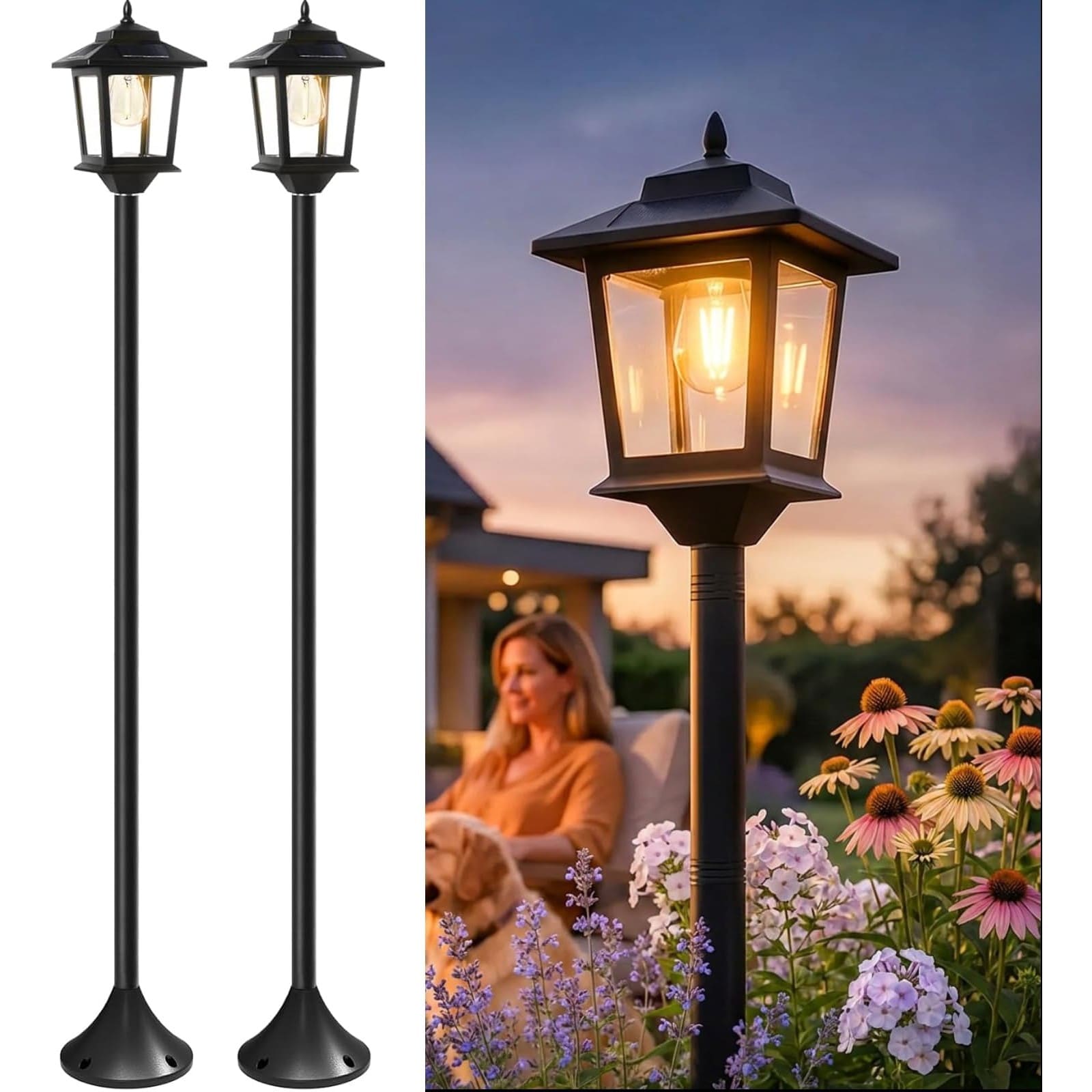 Slagawa  Black Solar Post Lights 63-Inch Outdoor Floor Lamps with Replaceable Bulb 2-Pack Warm White Dusk to Dawn