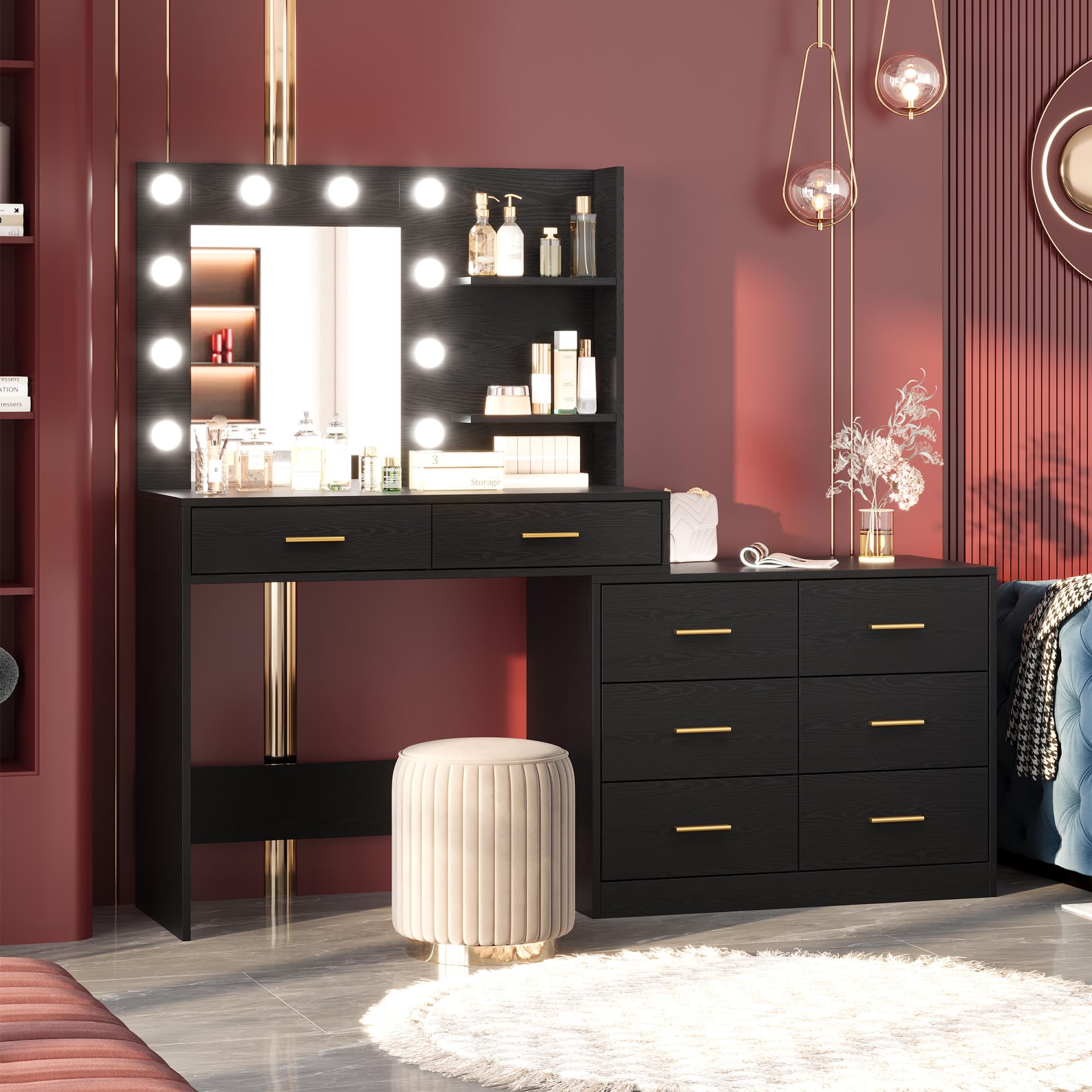 IdealHouse 61 Inch Makeup Vanity Desk with Mirror and Lights Black Vanity with 8 Storage Drawers and 2-Tier Shelves 3 Lighting Modes with Adjustable Brightness for Bedroom