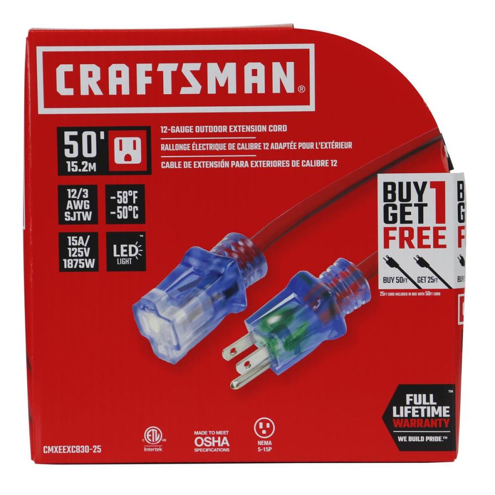 CRAFTSMAN Outdoor 50-ft 12/3-Prong Outdoor Sjtw Heavy Duty General  Extension Cord in the Extension Cords department at