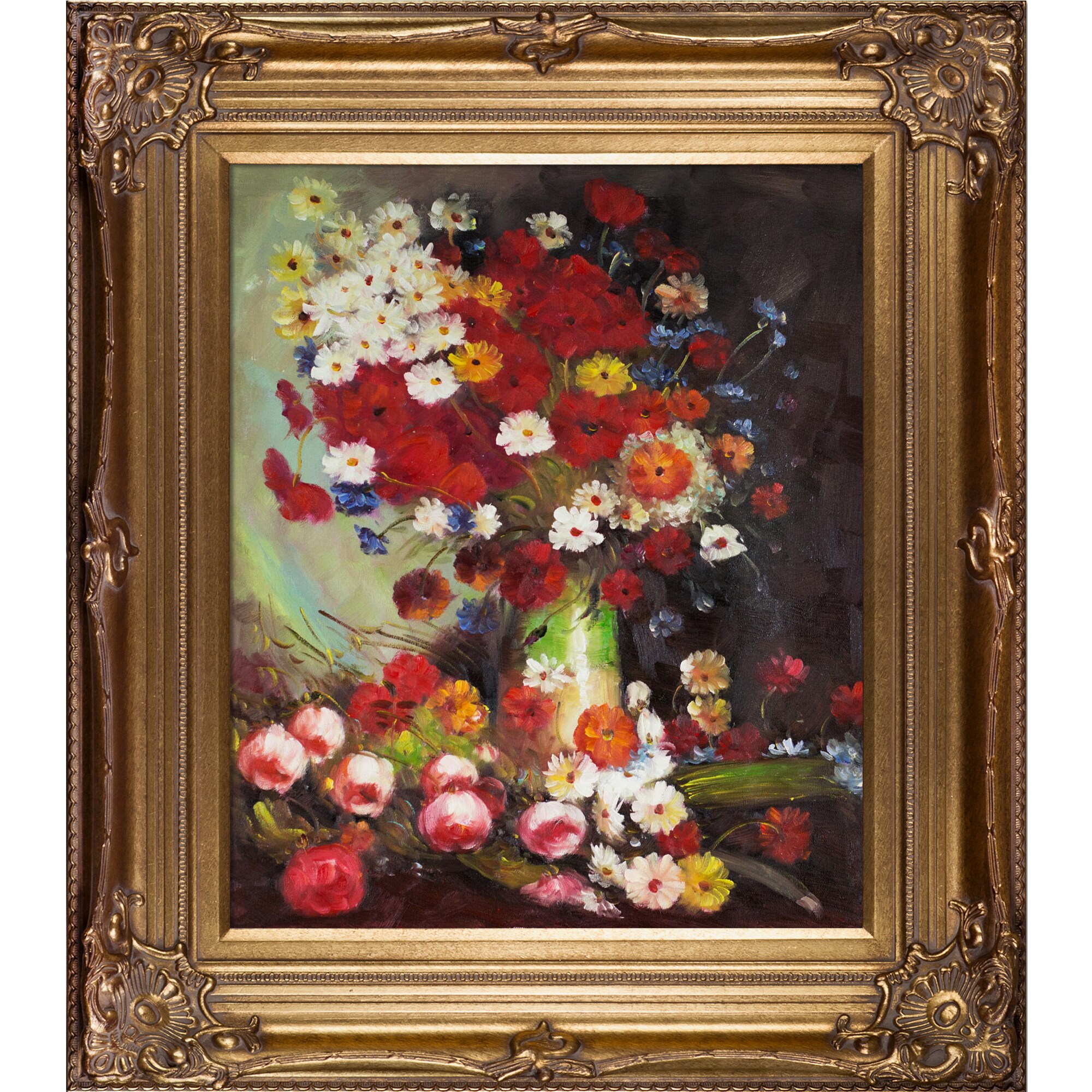 La Pastiche 688576424286 Vase with Poppies Cornflowers Peonies and Chrysanthemums Vincent Van Gogh Bronze Wood Framed 30-Inches H x 34-Inches W Floral Canvas Hand-Painted Painting