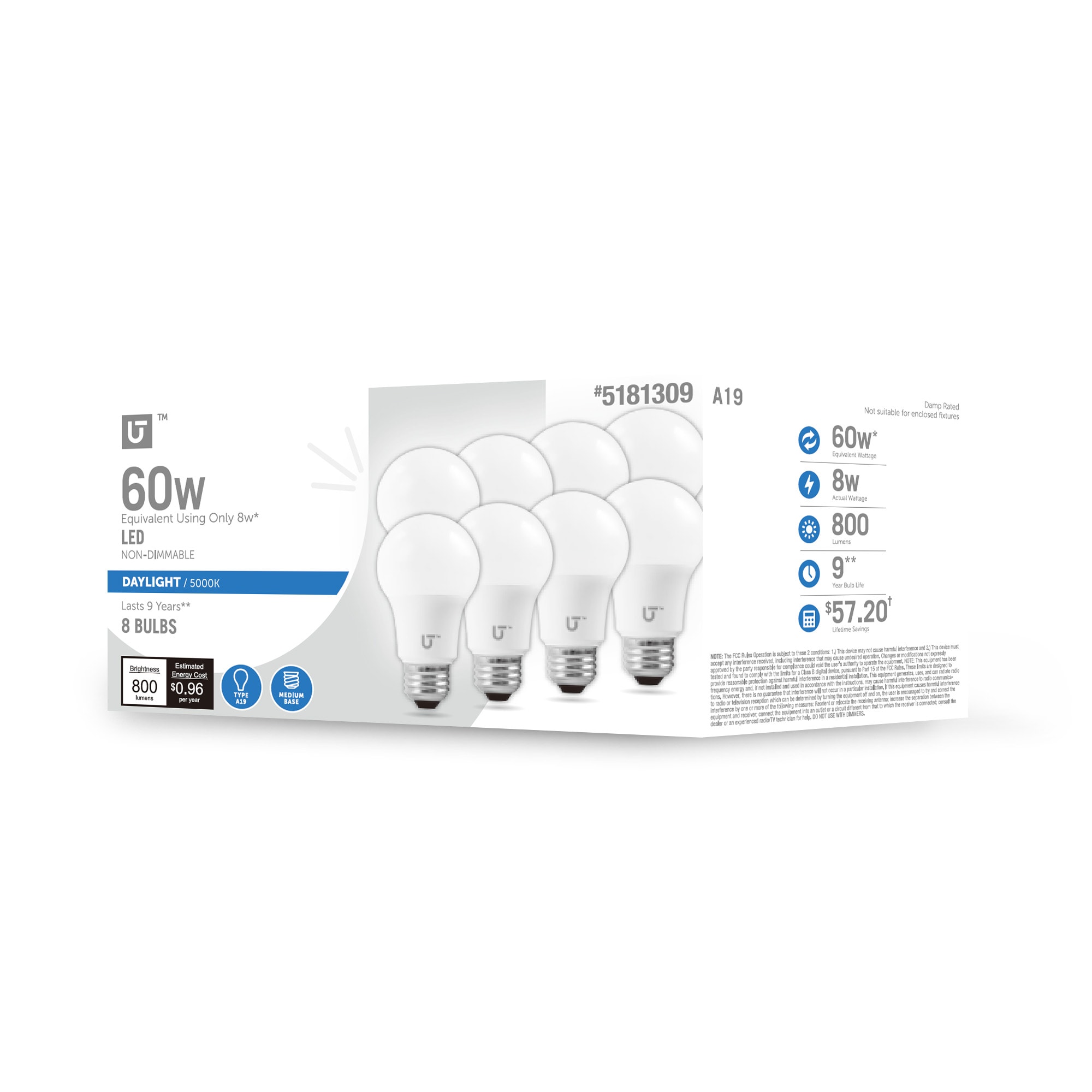 Utilitech YGA03C54-8W-850-8 60 -Watt EQ A19 Daylight E26 LED General purpose Light Bulb 8 -Pack