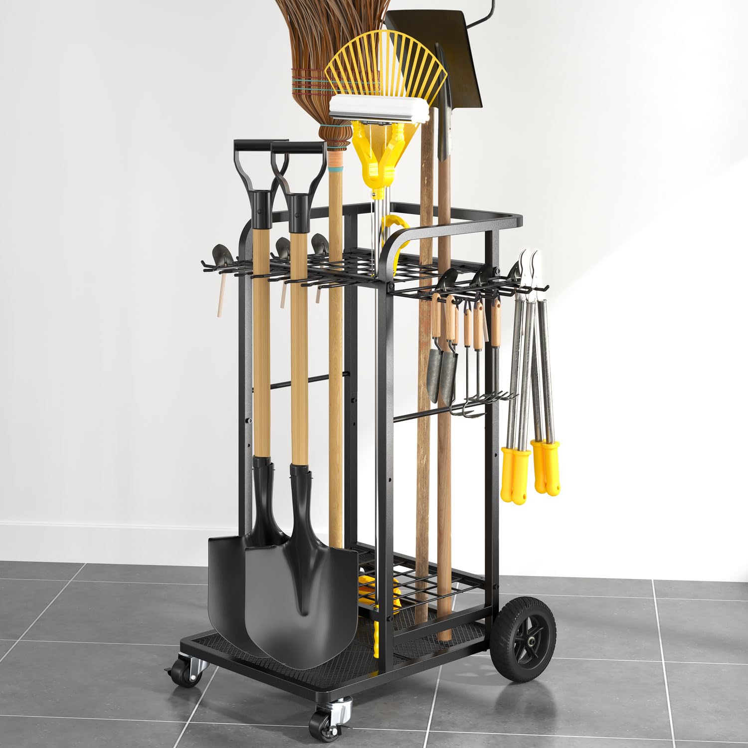 Ahfiwaso Garden Tool Organizer with Large Wheels Heavy Duty 3 Tier Yard Tool Rack for Garage Holds Up to 35 Long Handled Tools Cart with 12 Hooks