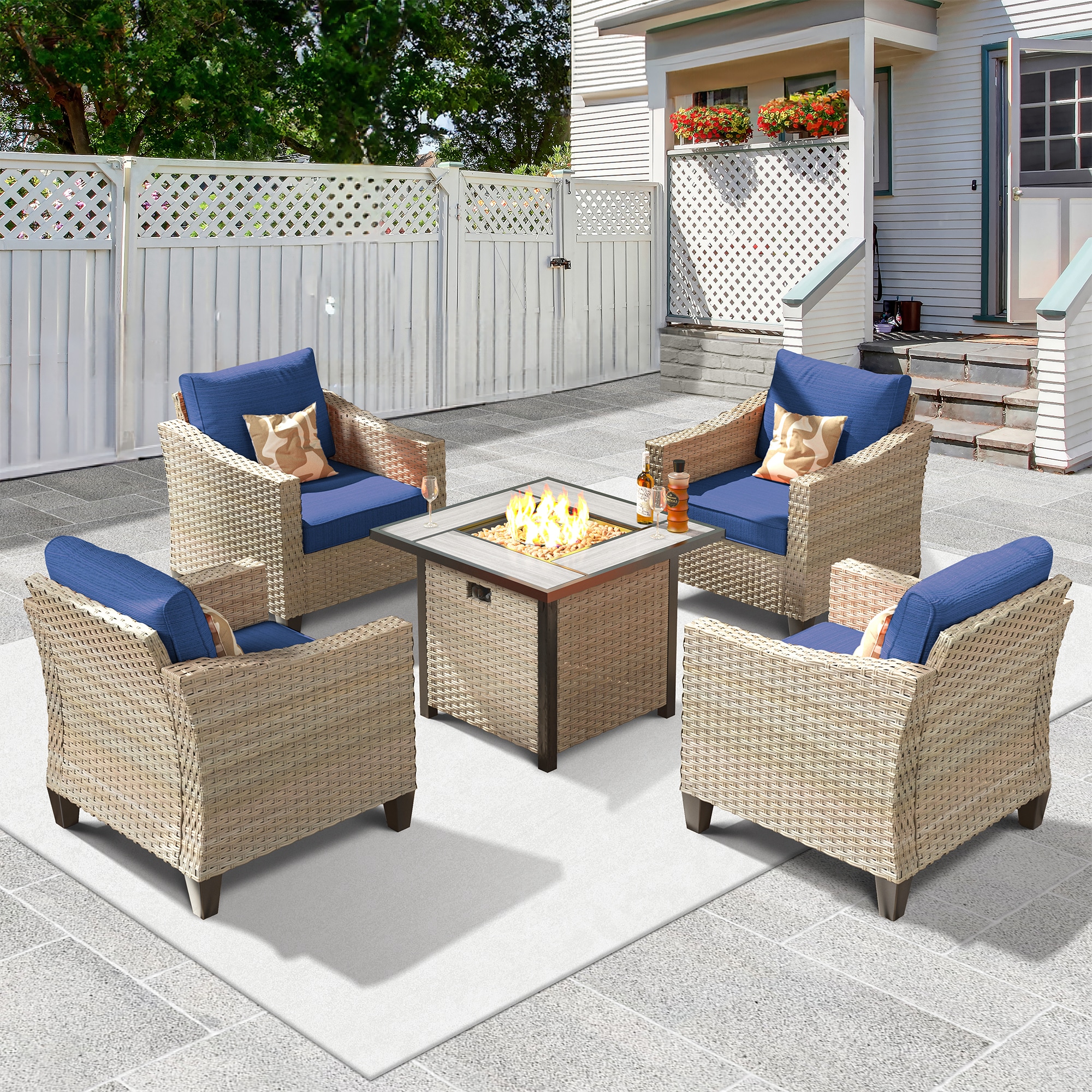 Pouuin SFPDAR704 5 -Piece Rattan Patio Conversation Set with Blue Cushions