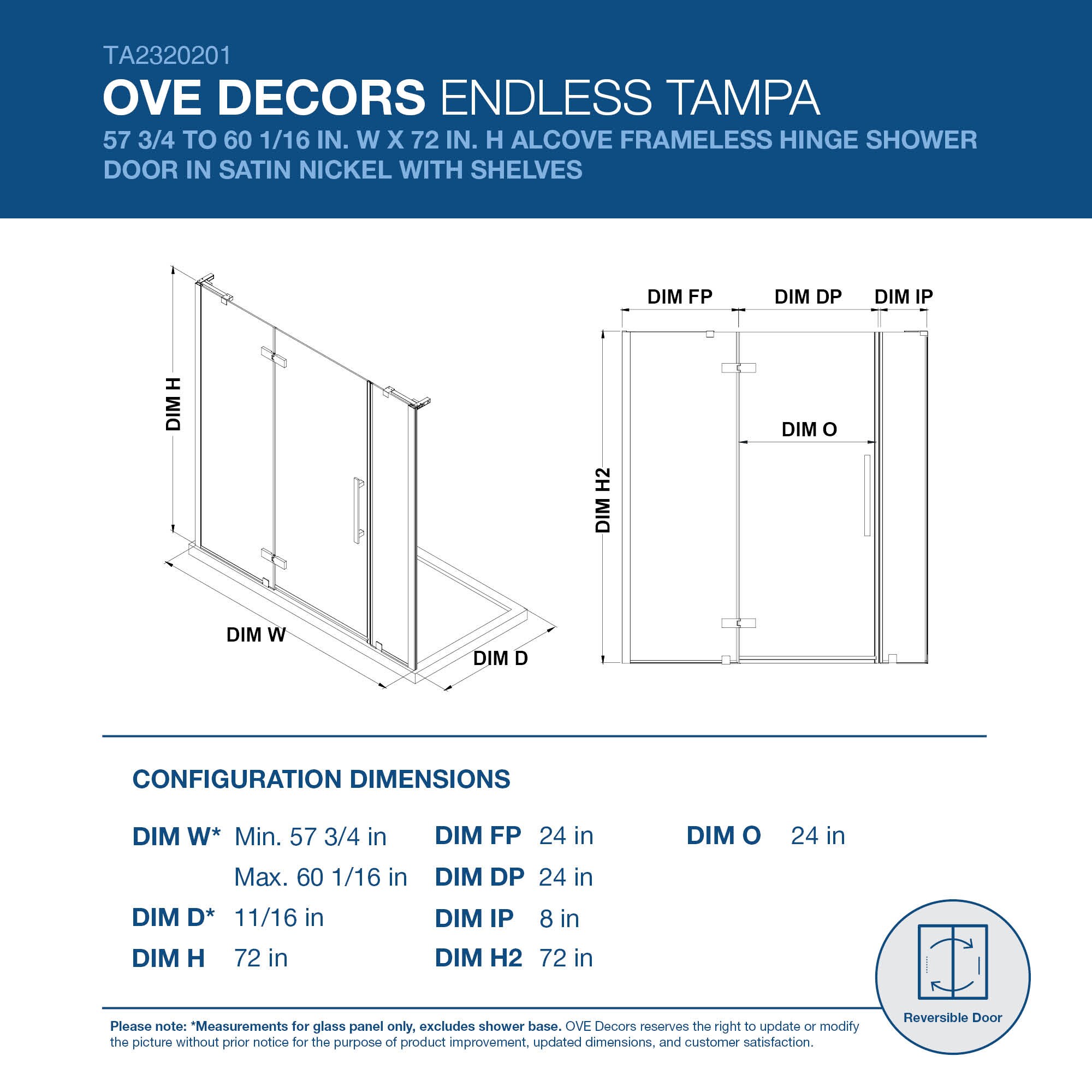 OVE Decors Tampa Satin Nickel 57-3/4-in to 60-1/16-in x 72-in Frameless ...